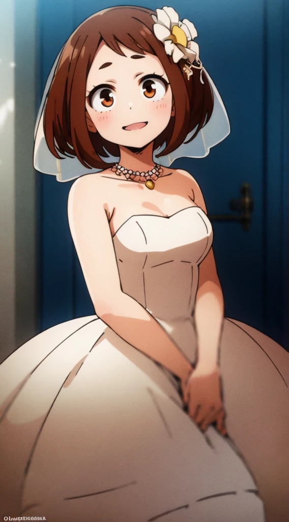 ochaco_uraraka, 1girl, open_mouth, looking_at_viewer, smile，masterpiece, best quality, Detailed face, delicate eyes, high resolution, Close-up of beautiful bride wearing beautiful ，（Transparent short veil：1.5），Blushing face，Head flower，headgear，（tube top wedding dress：1.5），（Silk dress：1.2）,（Strapless wedding dress：1.5）,pure white dress，necklace，earrings，，Deep V peach heart collar wedding dress，Bangs，lipstick，（lace gloves：1.3）,whole body照,High detail RAW color art,Long white dress，whole body，Place your hands behind your back，