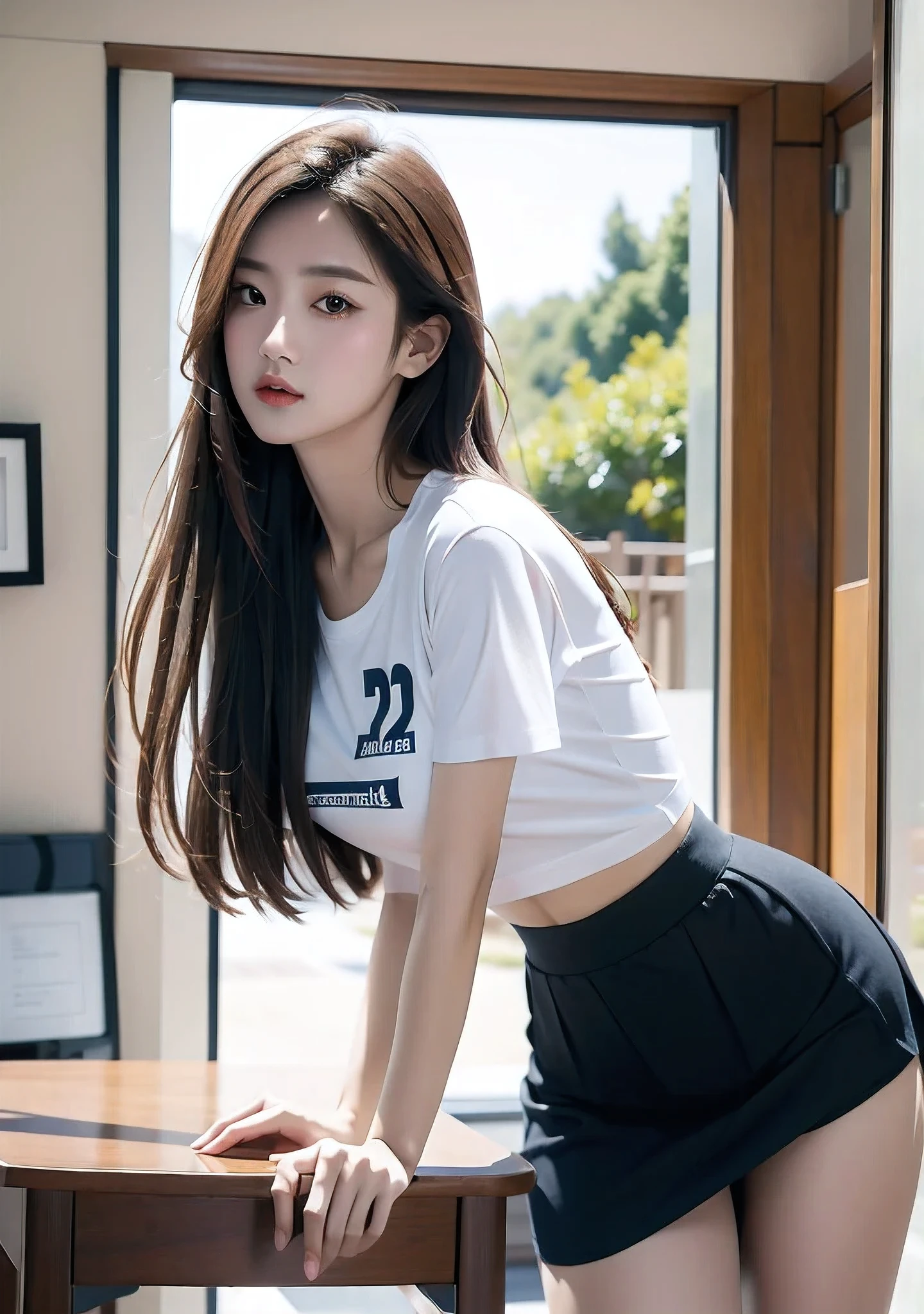 (masterpiece, best quality,High resolution, Super Detail:1.2), 1 Girl, Solitary,Wearing T-shirt,Hip skirt,Place your hands crossed on the table,Lean forward