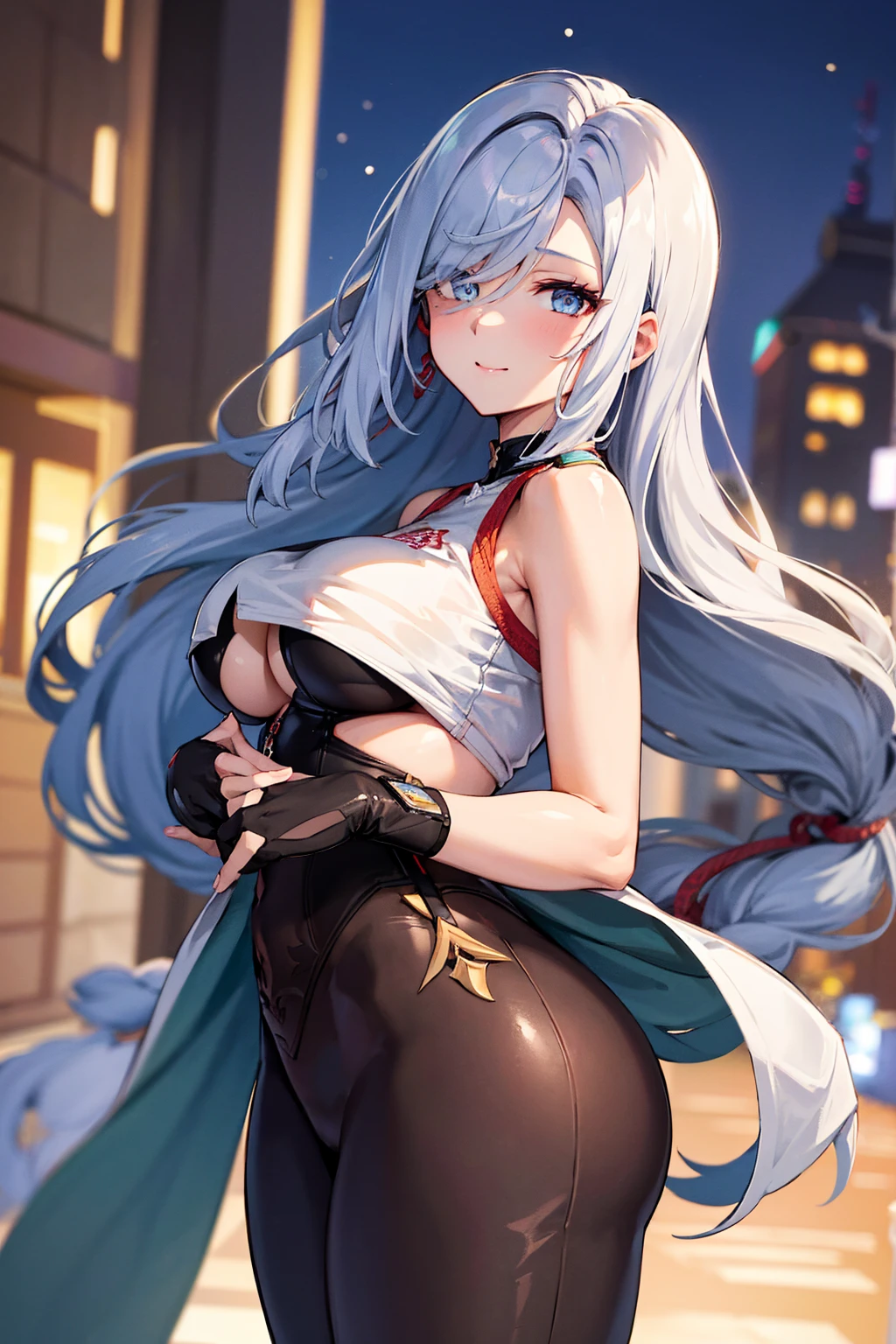 ShenheV4, tight pants, sportswear, butt, seductive, thick thighs, night city view, realistic, best quality, masterpiece, ultra detail, ultra high res, extreme detail, skin tight outfit, seductive, realistic, best quality, masterpiece, ultra detail, ultra high res, extreme detail, 8k, round ass, perfect face, detailed face, extreme detail, voluptuous, realistic, 1girl, solo, long hair, looking at viewer, smile, big breasts, night city background, butt, bare shoulders, tight shirt, closed mouth, portrait, skin tight outfit, silver hair, ass