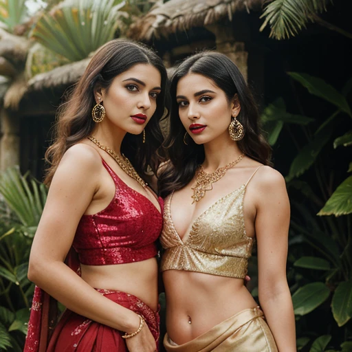 This visually striking image depicts two women in opulent, ornate Indian-inspired attire.big boobs, cute face, The woman on the left wears a shimmering, off-white saree with a plunging neckline and intricate gold embroidery, her dark hair styled in soft waves. The woman on the right is clad in a bold, red sequined ensemble, with a sleeveless, midriff-baring top and a flowing, draped skirt. 

Both women wear an array of ornate gold jewelry, including necklaces, earrings, and nose rings, which add an air of regal sophistication to their appearance. Their makeup is expertly applied, with bold, defined brows, smoky eyes, and glossy red lips.

The women's poses are confident and alluring, with one leaning towards the other in a gesture of intimacy. The lush, verdant foliage in the background creates a serene, almost tropical setting, further enhancing the visual drama of the scene.

The overall impression conveys a sense of luxury, sensuality, and cultural heritage, with the women's striking appearance and styling evoking a captivating, cinematic narrative. The image is a visually arresting and aesthetically compelling exploration of Indian fashion and feminine empowerment.