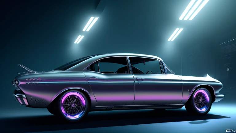 1960s luxury sedan, rear view, futuristic fantasy, epic sci-fi scene, intricate detailed design, glossy metallic body, glistening chrome accents, dramatic lighting, moody atmosphere, cinematic composition, photorealistic rendering, masterpiece, (best quality,8k,highres,masterpiece:1.2),ultra-detailed,(realistic,photorealistic,photo-realistic:1.37),cinematic lighting,dramatic shadows,volumetric fog,glowing energy field,gleaming chrome,aerodynamic body,intricate details,sleek and stylish