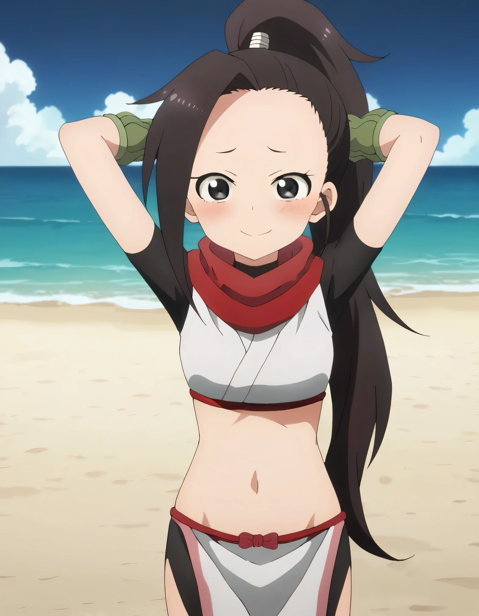  anime coloring, anime screencap, source_anime, anime,uncensored ,BREAK1girl,kunotsubaki, black eyes, black hair, long hair, asymmetrical bangs, forehead, high ponytail, ponytail,shirt, navel, red scarf, scarf short sleeves, pelvic curtain, shorts, green gloves, arm warmers, fingerless gloves, sandals, BREAK,  high quality, solo, 1girl, night sky, beach, arms behind head, contrapposto, closed mouth, spread armpits, (cowboy shot:1.5), looking at viewer, nervous, smile, best quality, blushing,