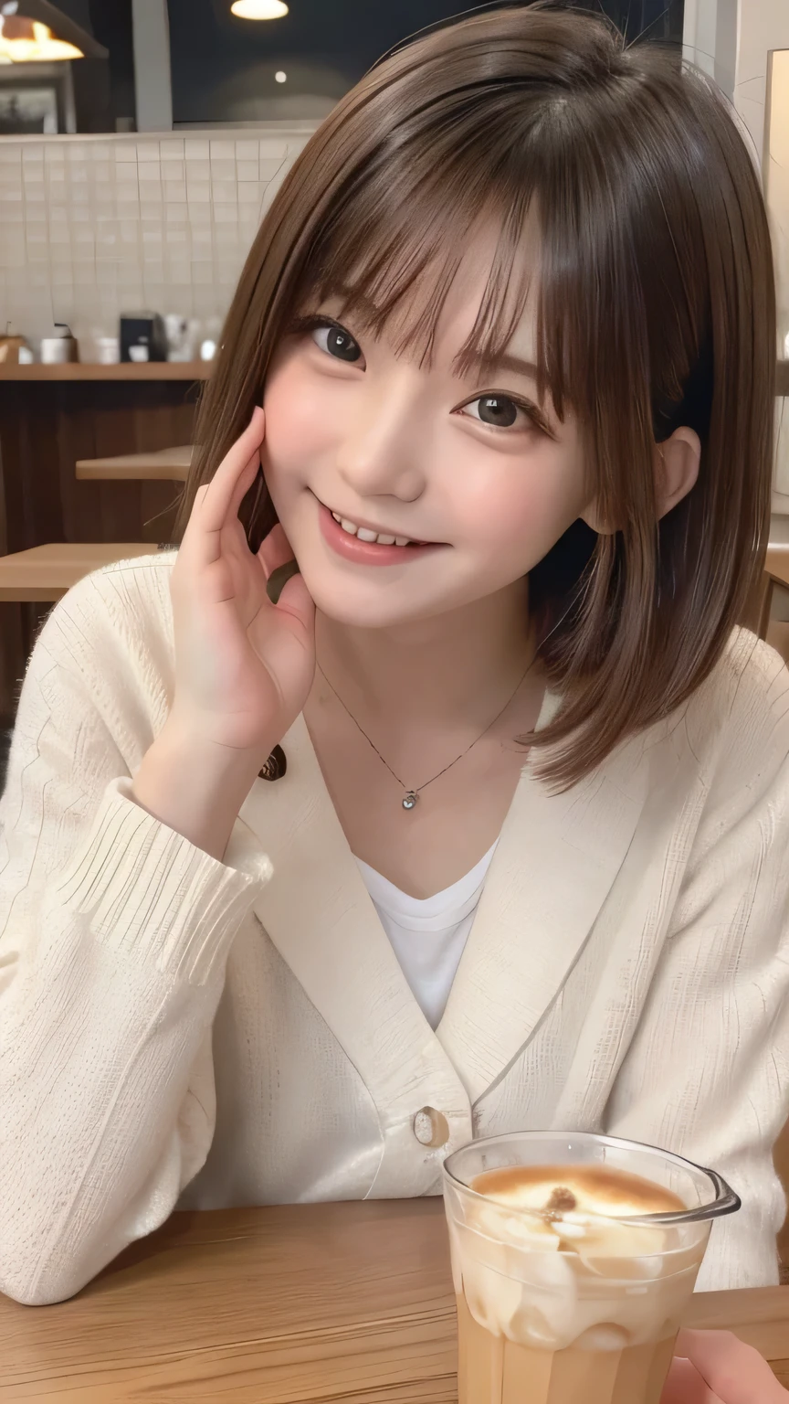 closeup shot , Best picture quality (8K, high resolution, Masterpiece: 1.2), super detailed,  215 Short Hair, 16-year-old woman, 

situation: A scene of a high school girl having tea with friends at a cafe after school。
clothing: 、Loafers underfoot。Hair down naturally。
angle: Cafe table in the background、Shooting from face-to-face。The moment you drink a drink、Close-up of smiling and talking with friends。It would be nice to include the interior of a stylish cafe in the photo as well.。
Close-up of face

, random cute pose ,big eyes ,Puffy eyes ,  Heart Pupil, blush  , huge shy smile , salute

