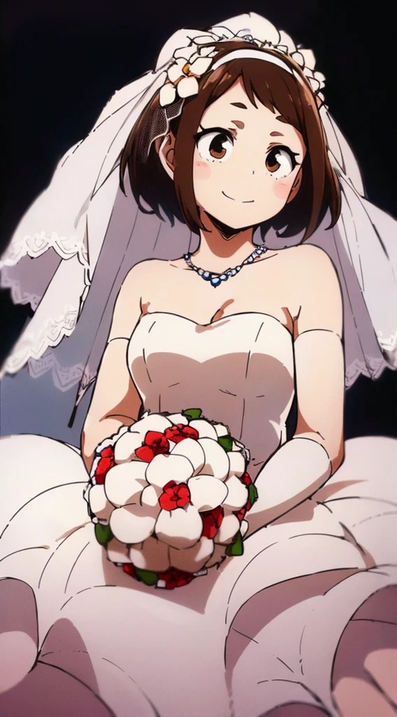 ochaco_uraraka, 1girl, open_mouth, looking_at_viewer, smile, (best quality,8k,highres,masterpiece:1.2), ultra-detailed, (realistic,photorealistic,photo-realistic:1.37), detailed face, delicate eyes, high resolution, close-up of beautiful bride wearing beautiful, (transparent short veil:1.5), blushing face, head flower, headgear, (tube top wedding dress:1.5), (silk dress:1.2), (strapless wedding dress:1.5), pure white dress, necklace, earrings, deep v peach heart collar wedding dress, bangs, lipstick, (lace gloves:1.3), whole body shot, high detail raw color art, long white dress, whole body, place your hands behind your back