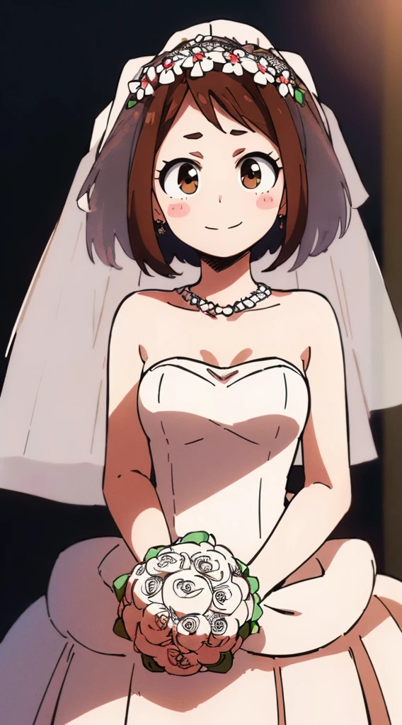 ochaco_uraraka, 1girl, open_mouth, looking_at_viewer, smile, (best quality,8k,highres,masterpiece:1.2), ultra-detailed, (realistic,photorealistic,photo-realistic:1.37), detailed face, delicate eyes, high resolution, close-up of beautiful bride wearing beautiful, (transparent short veil:1.5), blushing face, head flower, headgear, (tube top wedding dress:1.5), (silk dress:1.2), (strapless wedding dress:1.5), pure white dress, necklace, earrings, deep v peach heart collar wedding dress, bangs, lipstick, (lace gloves:1.3), whole body shot, high detail raw color art, long white dress, whole body, place your hands behind your back