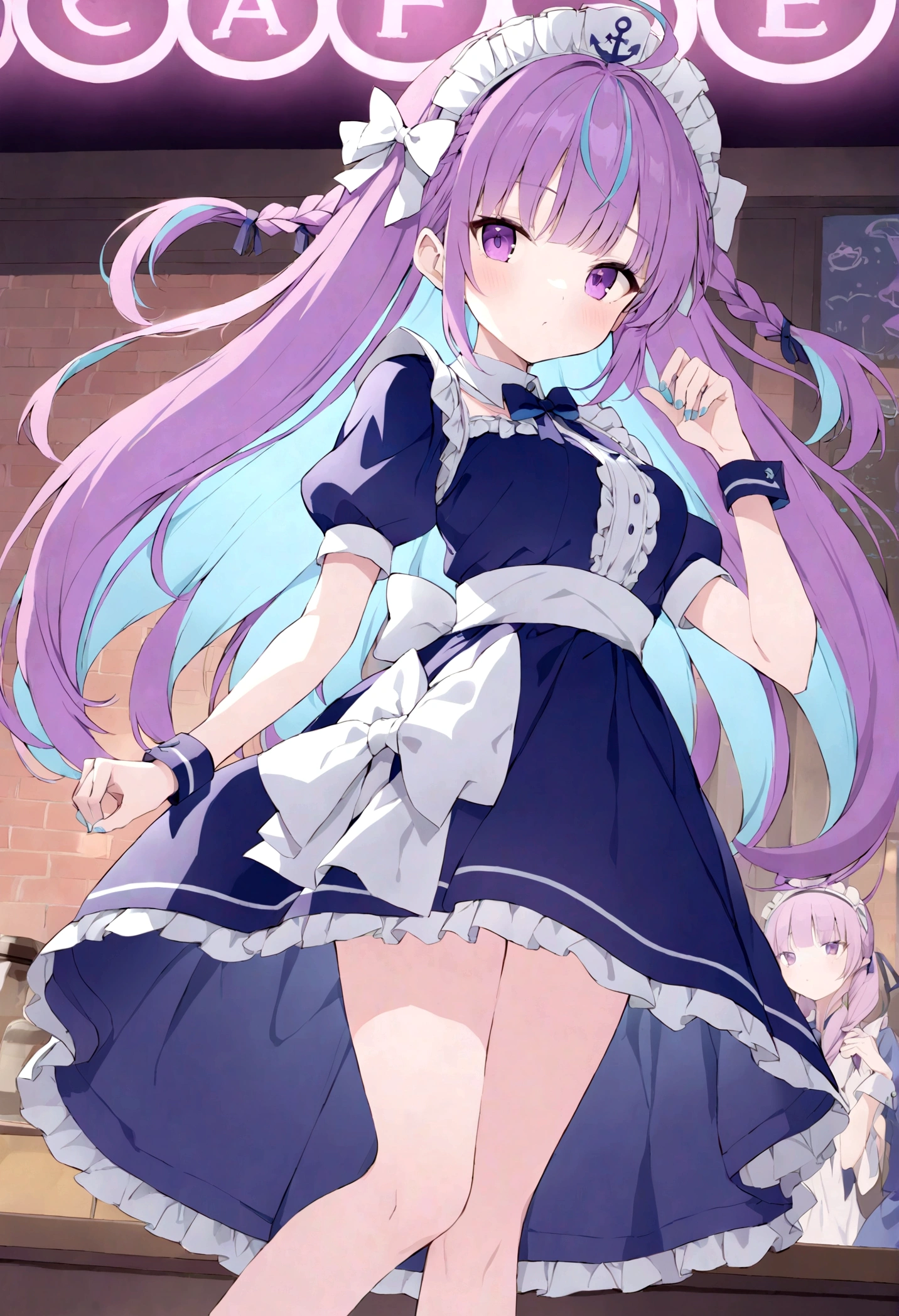 Minato Aqua、long、multi color hair、doress、Twin-tailed、Maid headdress、Color Inner Hair、Purple Eye、Anchor Symbol、blue hairs、bow ribbon、Two-tone hair、shortsleeves、Braids、Blue Dress、Wrist cuffs、bow ribbon、bangss、Drill Hair、Blue Nails、twin drills、Puffy Short Sleeves、Hair Ribbon、Purple hair、Puffy Sleeve、Ahoge、Ankle Cuffs、Dress Ribbon、Maids、frilld、manicure、striated hair、white bow、Cowboy Shots,cafe, live stage, neon light, many audience