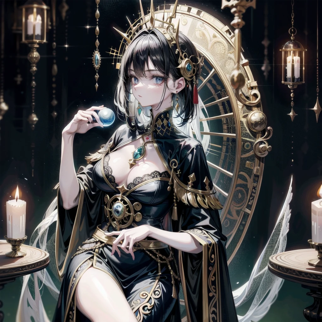 absurdres, RAW photo, extremely delicate, extremely beautiful, masterpiece, Best Quality, ultra high resolution, 32k, hyperrealistic, ultra-detailed description, perfect anatomy, correct body, ideal ratio of body proportions, pale skin, 20 years old, detailed beautiful face, detailed beautiful face eyes, tearful mole, earring, medium hair, black hair, medium tits, whole body shot, intricate ornate costume, poncho, a magical occult fortune teller's mansion, old antique furniture, crystal ball, tarot cards, candlelight,