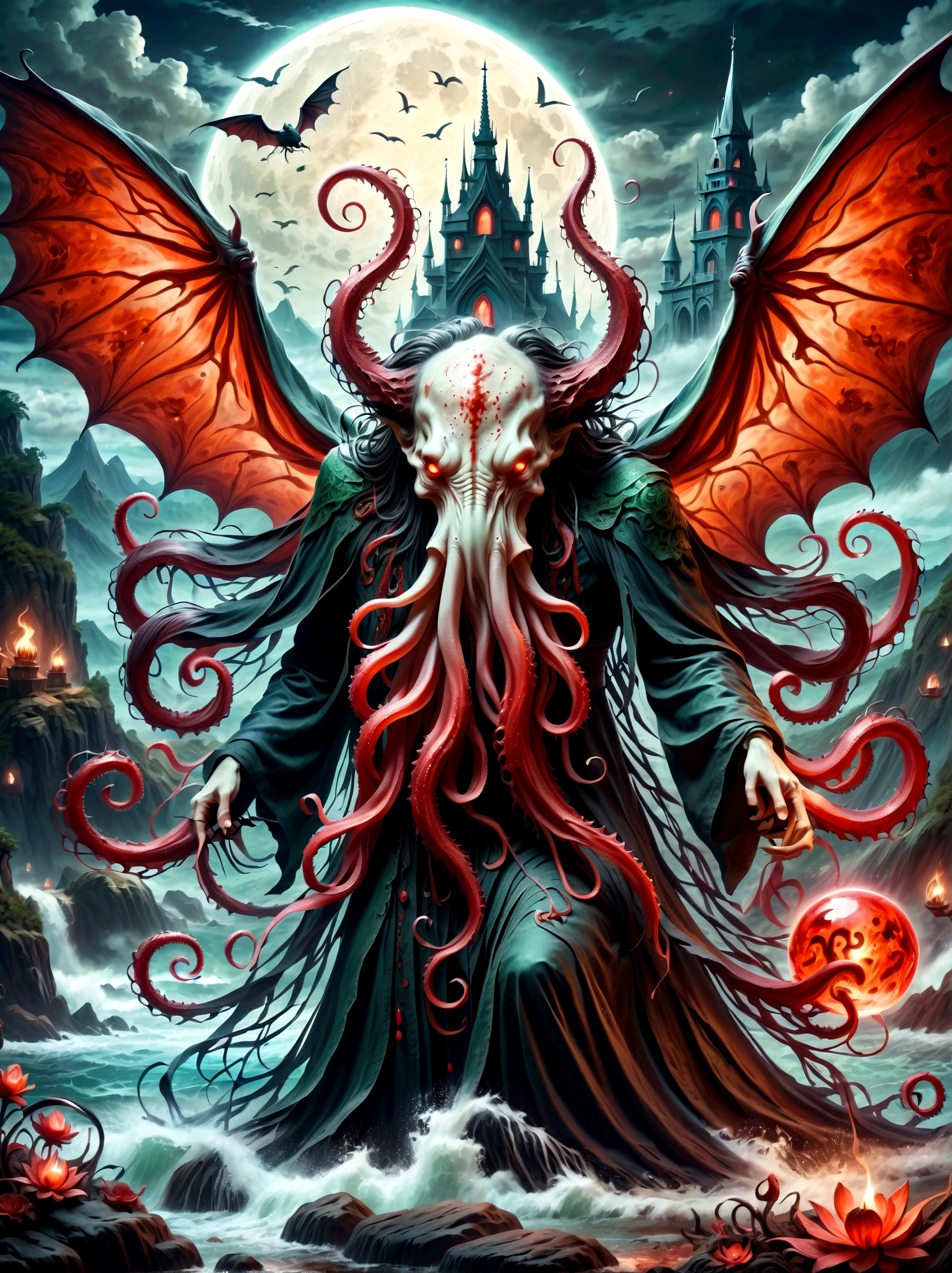 Bloody Cthulhu is extremely scary and weird,Flower of the other shore is charming,Mysterious Manzhu Shahua,hell门口盛开的血色鬼花,Blood-red tentacles guide the souls of the past,charm,Flirtatious,Strange,Gothic style,hell,Fantastic Creatures,Devilish scenery,Unforgettable environment,hell般的气氛,Wonderful lighting,Vibrant colors,Surrealism,Distorted ???????,Nightmare Creatures,Glowing eyes,Strange形状