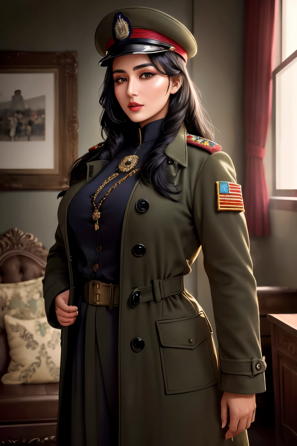 Afghan model girl, (38 years old), in the military room, buxom, cap, overcoat, alluring expression, (masterpiece, best quality, highly detailed, hyper realistic) 