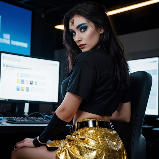 This striking image depicts a young woman in an edgy, cyberpunk-inspired outfit, sitting in front of a gaming setup with various screens and equipment. The woman's appearance is bold and eye-catching, with her long, dark hair styled in a messy, asymmetrical cut and her face adorned with blue makeup accents that give her a distinct, futuristic look.
She is wearing a cropped, sheer black top that reveals her midriff, paired with a gold, metallic corset-style belt that cinches at the waist. The woman's lower half is clad in a vibrant, plaid-patterned skirt in shades of blue and yellow, adding a touch of punk-inspired flair to her ensemble.
The woman's pose is confident and authoritative, as she leans back in the chair, her gaze directed straight ahead with a pensive expression. The gaming setup and various screens in the background create a high-tech, immersive environment that complements the woman's striking appearance, suggesting a strong connection to the world of gaming and digital technology.
Overall, the image presents a captivating and visually striking portrayal of a woman who embodies a blend of style, power, and technological savvy, creating a compelling narrative that resonates with the aesthetics of the cyberpunk genre.