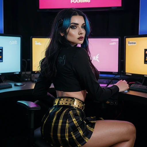 This striking image depicts a young woman in an edgy, cyberpunk-inspired outfit, sitting in front of a gaming setup with various screens and equipment. The woman's appearance is bold and eye-catching, with her long, dark hair styled in a messy, asymmetrical cut and her face adorned with blue makeup accents that give her a distinct, futuristic look.

She is wearing a cropped, sheer black top that reveals her midriff, paired with a gold, metallic corset-style belt that cinches at the waist. The woman's lower half is clad in a vibrant, plaid-patterned skirt in shades of blue and yellow, adding a touch of punk-inspired flair to her ensemble.

The woman's pose is confident and authoritative, as she leans back in the chair, her gaze directed straight ahead with a pensive expression. The gaming setup and various screens in the background create a high-tech, immersive environment that complements the woman's striking appearance, suggesting a strong connection to the world of gaming and digital technology.

Overall, the image presents a captivating and visually striking portrayal of a woman who embodies a blend of style, power, and technological savvy, creating a compelling narrative that resonates with the aesthetics of the cyberpunk genre.