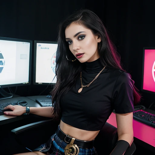 This striking image depicts a young woman in an edgy, cyberpunk-inspired outfit, sitting in front of a gaming setup with various screens and equipment. The woman's appearance is bold and eye-catching, with her long, dark hair styled in a messy, asymmetrical cut and her face adorned with blue makeup accents that give her a distinct, futuristic look.
She is wearing a cropped, sheer black top that reveals her midriff, paired with a gold, metallic corset-style belt that cinches at the waist. The woman's lower half is clad in a vibrant, plaid-patterned skirt in shades of blue and yellow, adding a touch of punk-inspired flair to her ensemble.
The woman's pose is confident and authoritative, as she leans back in the chair, her gaze directed straight ahead with a pensive expression. The gaming setup and various screens in the background create a high-tech, immersive environment that complements the woman's striking appearance, suggesting a strong connection to the world of gaming and digital technology.
Overall, the image presents a captivating and visually striking portrayal of a woman who embodies a blend of style, power, and technological savvy, creating a compelling narrative that resonates with the aesthetics of the cyberpunk genre.