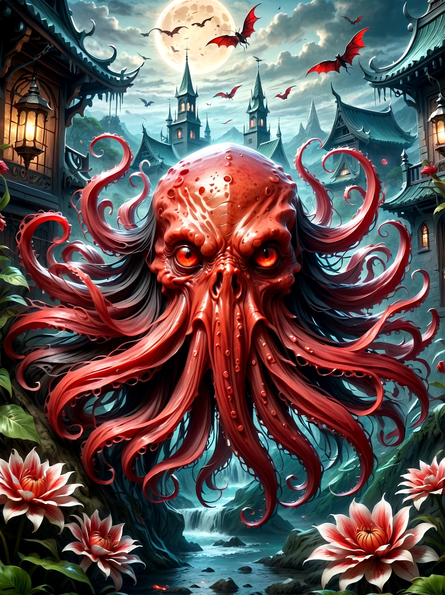 Bloody Cthulhu is extremely scary and weird，Flower of the other shore is charming，Mysterious Manzhu Shahua，hell门口盛开的血色鬼花，Blood-red tentacles guide the souls of the past，charm，Flirtatious，Strange，Gothic style，hell，Fantastic Creatures，Devilish scenery，Unforgettable environment，hell般的气氛，Wonderful lighting，Vibrant colors，Surrealism，Distorted anatomy，Nightmare Creatures，Glowing eyes，Strange形状