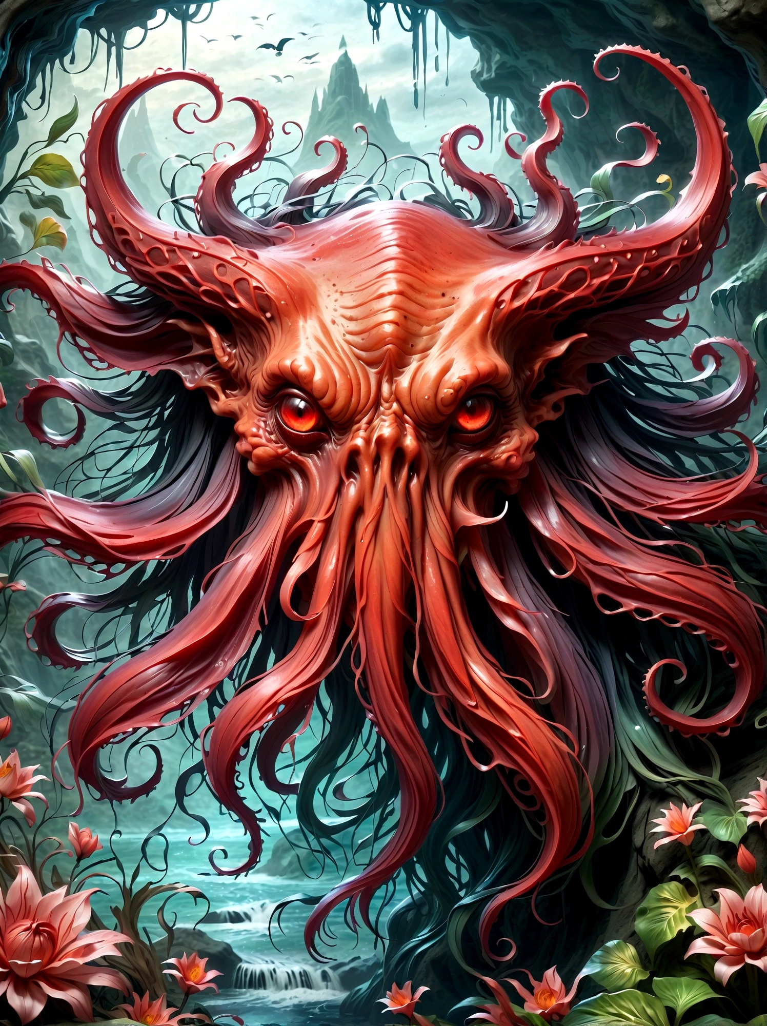 Bloody Cthulhu is extremely scary and weird，Flower of the other shore is charming，Mysterious Manzhu Shahua，hell门口盛开的血色鬼花，Blood-red tentacles guide the souls of the past，charm，Flirtatious，Strange，Gothic style，hell，Fantastic Creatures，Devilish scenery，Unforgettable environment，hell般的气氛，Wonderful lighting，Vibrant colors，Surrealism，Distorted ???????，Nightmare Creatures，Glowing eyes，Strange形状