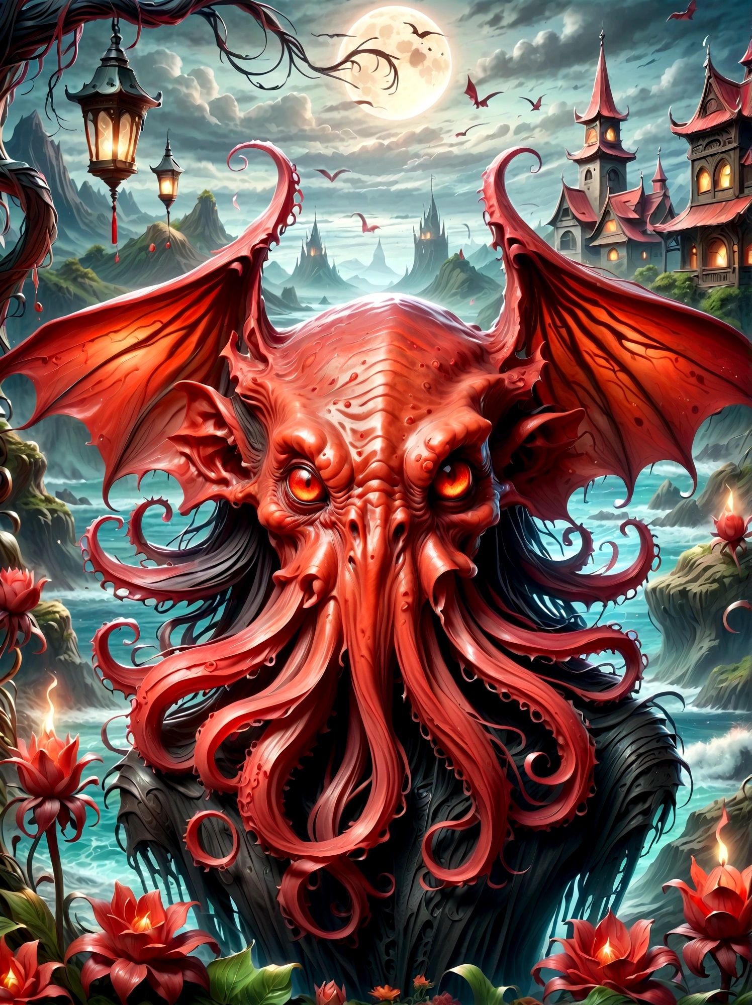 Bloody Cthulhu is extremely scary and weird,Flower of the other shore is charming,Mysterious Manzhu Shahua,hell门口盛开的血色鬼花,Blood-red tentacles guide the souls of the past,charm,Flirtatious,Strange,Gothic style,hell,Fantastic Creatures,Devilish scenery,Unforgettable environment,hell般的气氛,Wonderful lighting,Vibrant colors,Surrealism,Distorted anatomy,Nightmare Creatures,Glowing eyes,Strange形状