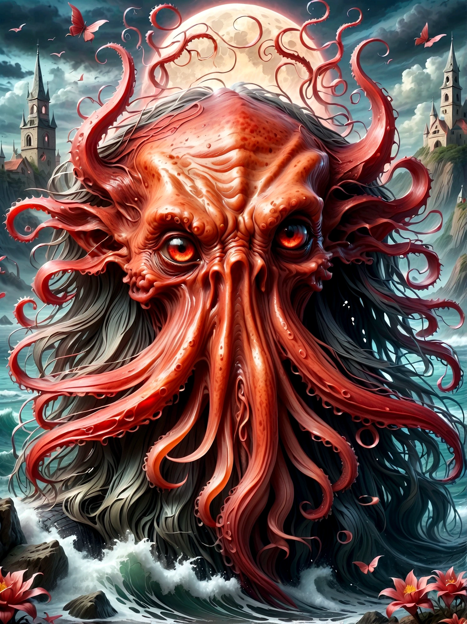 Bloody Cthulhu is extremely scary and weird,Flower of the other shore is charming,Mysterious Manzhu Shahua,hell门口盛开的血色鬼花,Blood-red tentacles guide the souls of the past,charm,Flirtatious,Strange,Gothic style,hell,Fantastic Creatures,Devilish scenery,Unforgettable environment,hell般的气氛,Wonderful lighting,Vibrant colors,Surrealism,Distorted anatomy,Nightmare Creatures,Glowing eyes,Strange形状