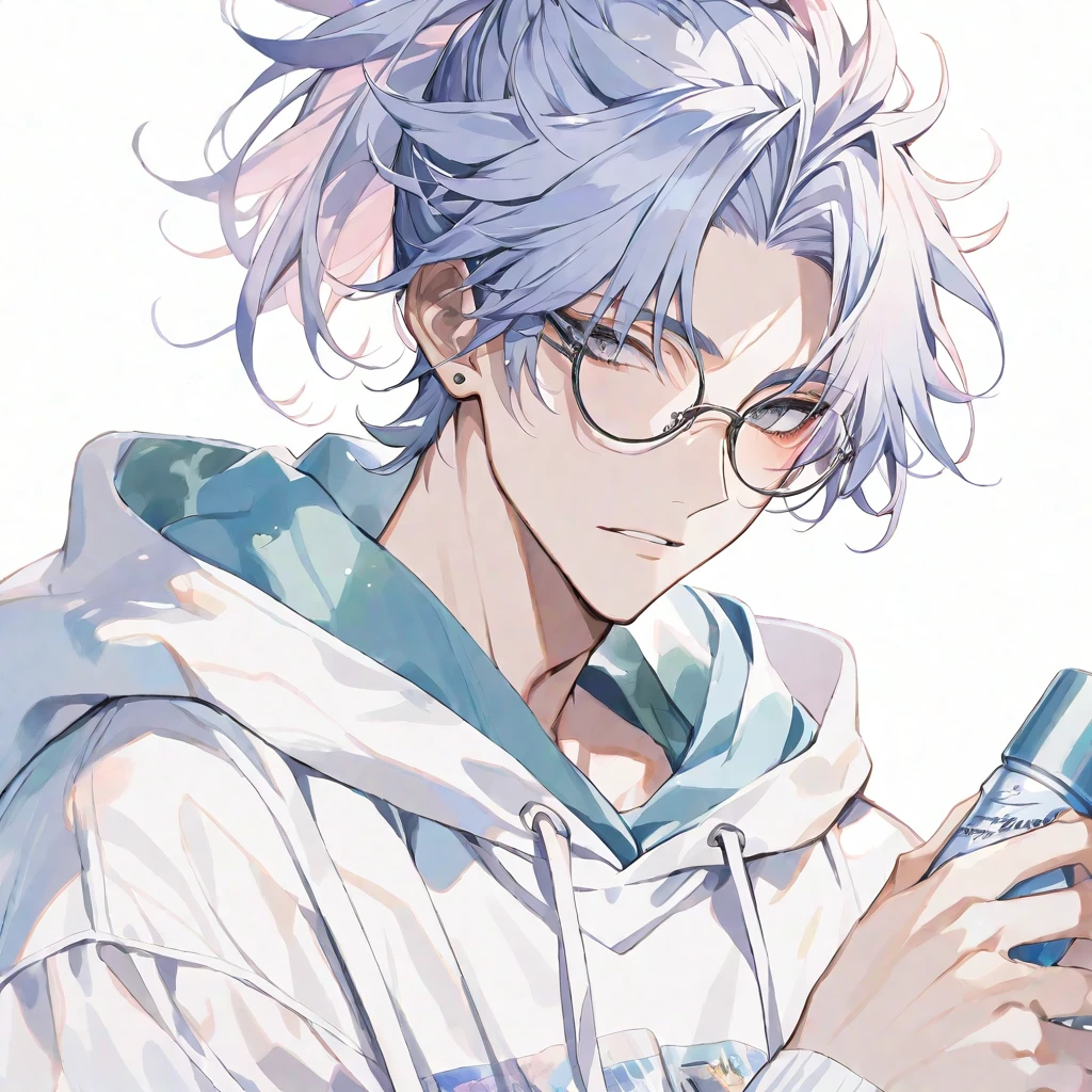 solo, handsome, watercolor,1 male, Ponytail, Braided Hair,Cream color hair, Grey Eyes, Gojo Satoru,casual,White Rose Tattoo,White Oversized hoodie,casual,Stylish,cool,Round Glasses,
White background,icon,Face close-up