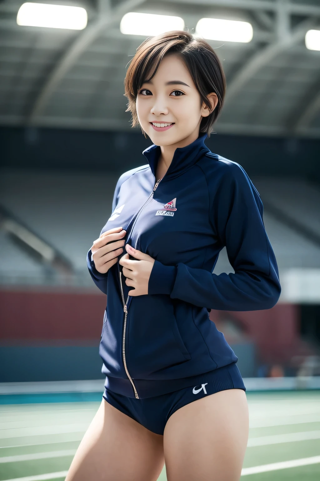 medium shot, ((show off nipple)), at the track and field stadium, japanese lady, pale skin, droopy eyes, 20 year old, Black very short wavy pixie hair, ((Navy Tracksuit:1.1)), ((standing)), high quality:1.3, shoot from below 2.0, Professional lighting:2.0 realistic:1.2, 4k resolution, cinematic lighting,detailed skin, masterpiece:1.1,smile,(medium breasts),puffy nipples,nipples poking through clothes,