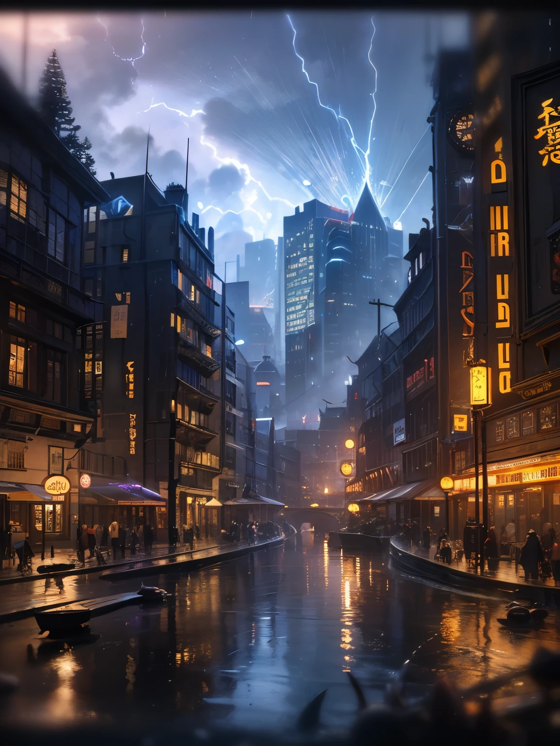 (Late Afternoon):0.9, (Dense atmosphere):0.8, (It's cold):0.7, (city):1.2, (Medieval):1.1, (storm):1.4, (lightning):1.3, (rain):1.2, (霧rain):1.2, (Detail 8k):1.5.