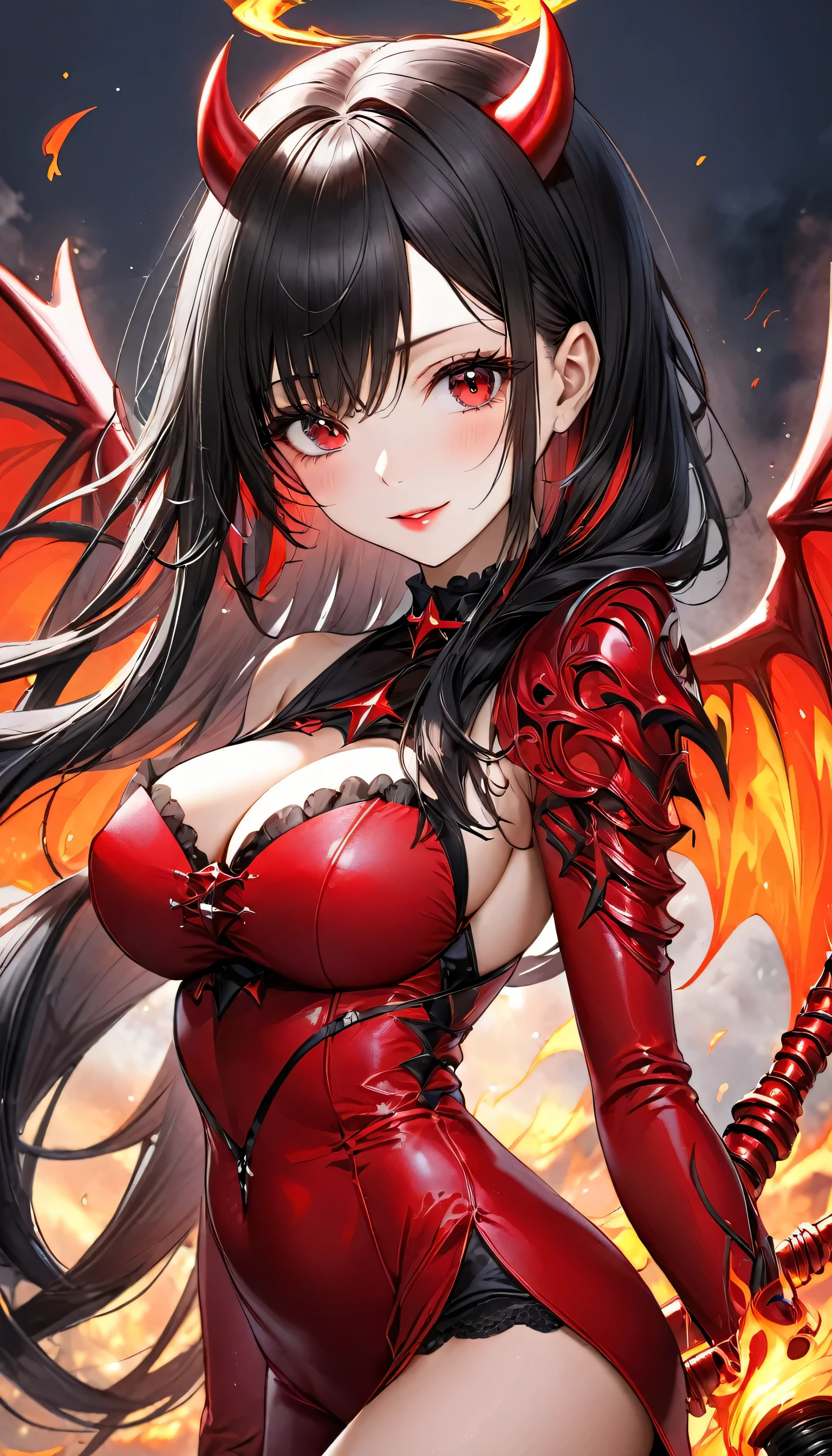 (devil princess style) (beautiful detailed Devil's Wings own back) (solo straight black hair long hair devil princess girl, beauty red eyes, make-up, Red lips, Captivating smile, big tits), (sexy devil suit), (hand holding a Flame Whip), break, (in the battle field), BREAK, perfect anatomy, masterpiece, best quality, 16k, beautiful detailed darkness, daydreaming expression.