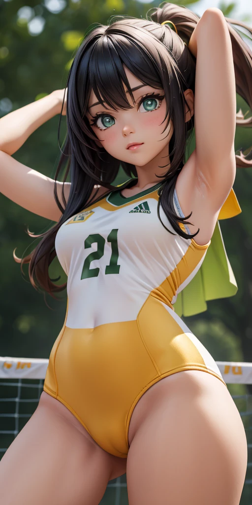 Masterpiece, anime CG, girl, long hair, wheat-colored skin, bodysuit, sports girl, wearing volleyball uniform, smooth texture, silk texture, green pupils, perfect eyes  