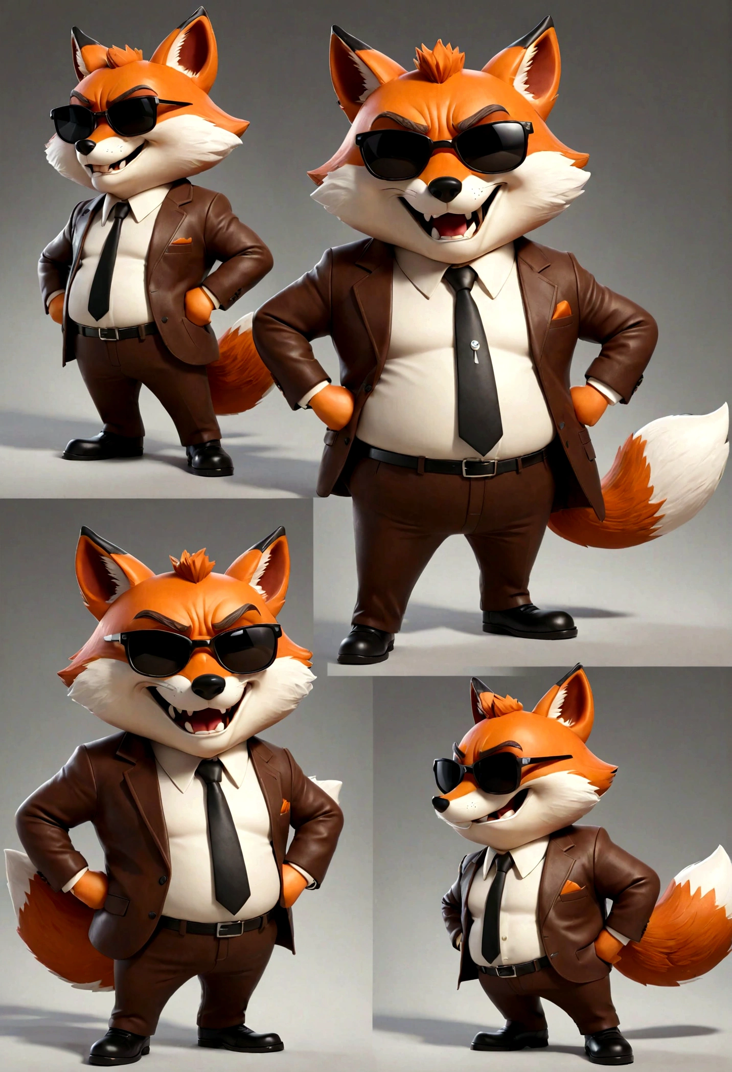 fox old big belly boss, Men's 2 Piece Suit, cartoon fox character, leather jacket, mafia, multiple poses and expressions, 4 poses, cool face, full body, simple, artist, full color, 3d model, light and shadow, suit clothes, boss, flat color, white background, black sunglasses