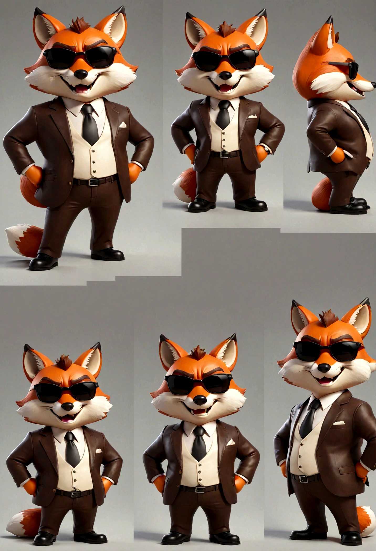 fox old big belly boss, Men's 2 Piece Suit, cartoon fox character, leather jacket, mafia, multiple poses and expressions, 4 poses, cool face, full body, simple, artist, full color, 3d model, light and shadow, suit clothes, boss, flat color, white background, black sunglasses