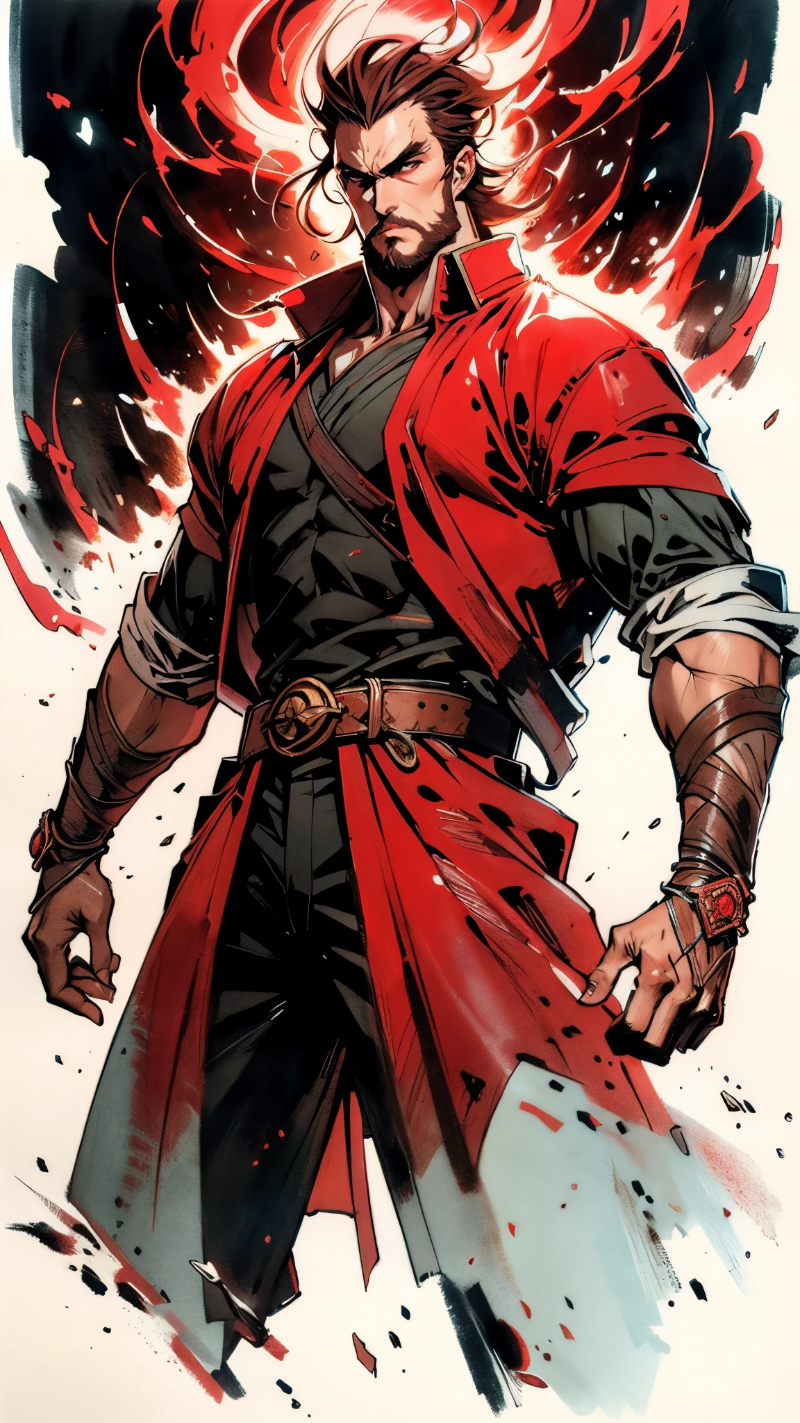 A 50-year-old man with slicked-back reddish-brown short hair, a large beard covering the lower half of his face, piercing eyes, handsome features, an open dark red fantasy martial arts-style robe coat, flowing short sleeves, a black and white undershirt, matching cloth trousers, a metal belt buckle, he exudes a dark red aura of death, strides down a desolate and silent moonlit street, this character embodies a finely crafted fantasy martial arts-style overlord in anime style, exquisite and mature manga art style, dramatic, high definition, best quality, highres, ultra-detailed, ultra-fine painting, extremely delicate, professional, perfect body proportions, golden ratio, anatomically correct, symmetrical face, extremely detailed eyes and face, high quality eyes, creativity, RAW photo, UHD, 32k, Natural light, cinematic lighting, masterpiece-anatomy-perfect, masterpiece:1.5