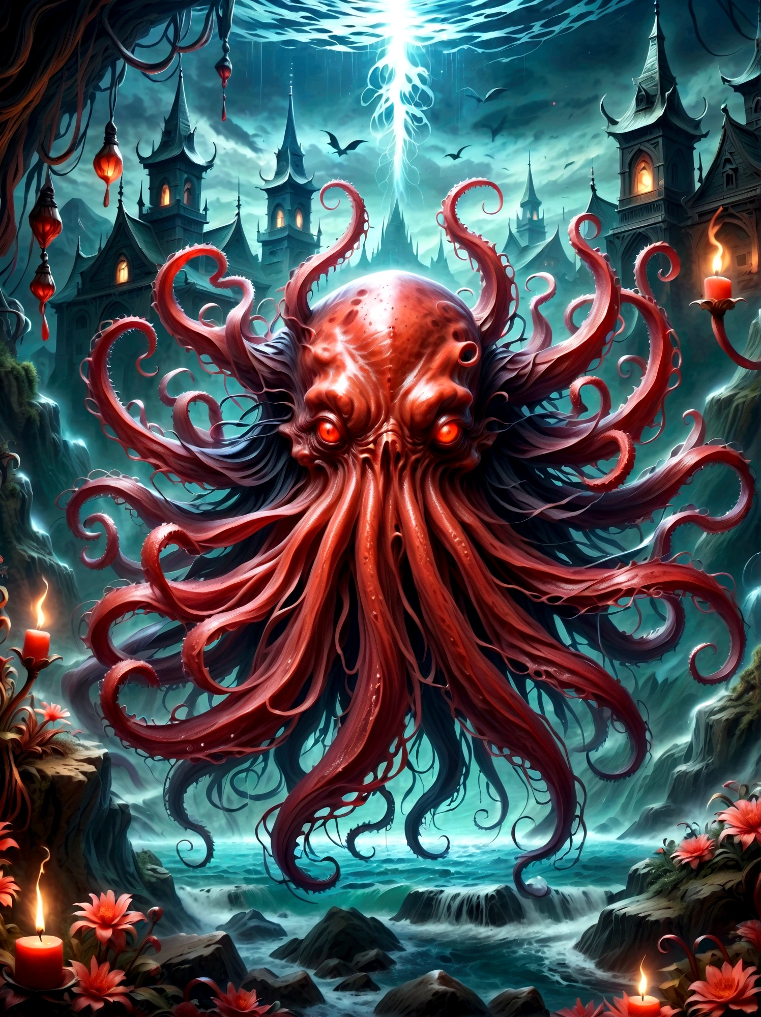 Bloody Cthulhu is extremely scary and weird,Flower of the other shore is charming,Mysterious Manzhu Shahua,hell门口盛开的血色鬼花,Blood-red tentacles guide the souls of the past,charm,Flirtatious,Strange,Gothic style,hell,Fantastic Creatures,Devilish scenery,Unforgettable environment,hell般的气氛,Wonderful lighting,Vibrant colors,Surrealism,Distorted anatomy,Nightmare Creatures,Glowing eyes,Strange形状