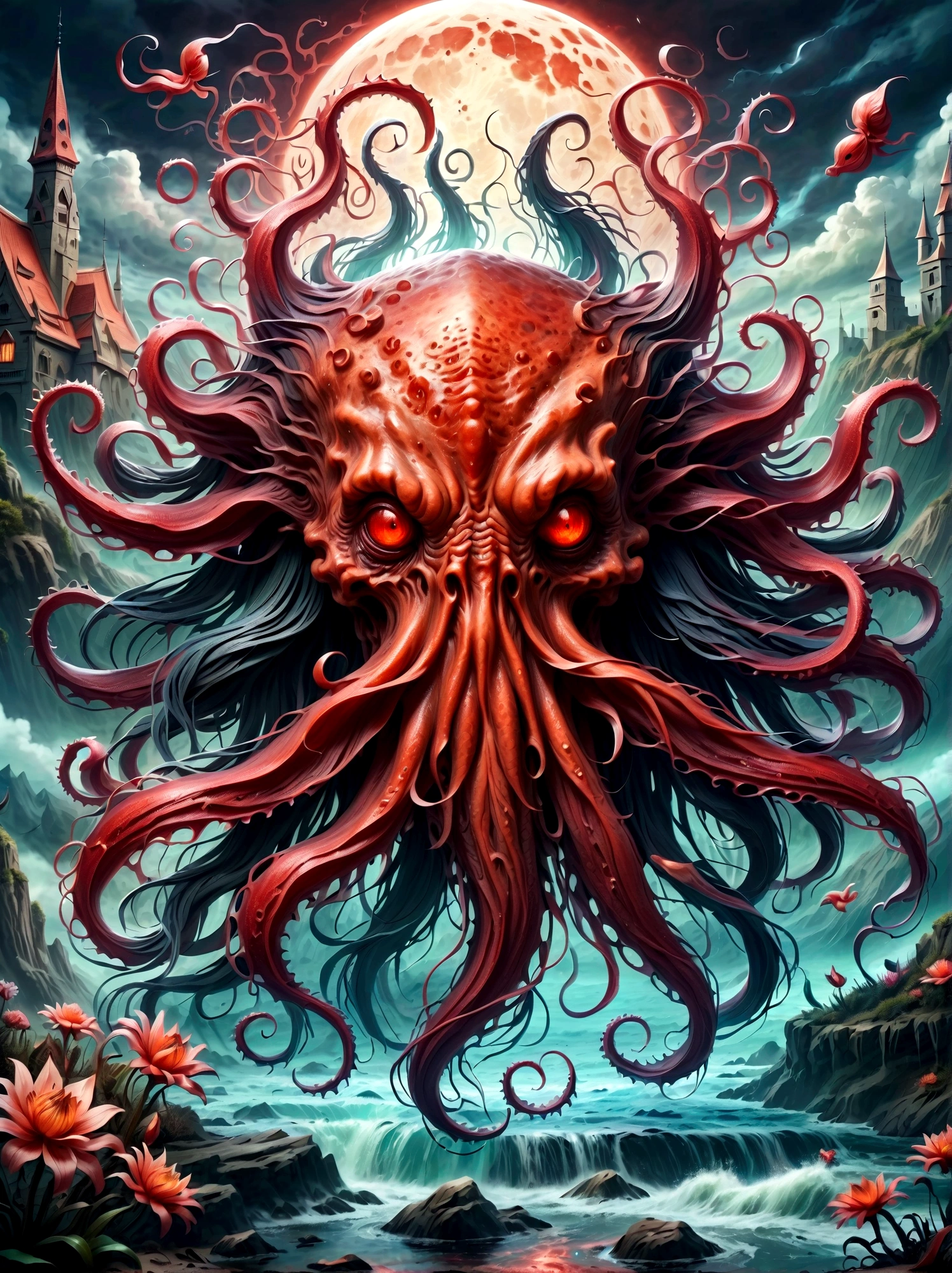 Bloody Cthulhu is extremely scary and weird,Flower of the other shore is charming,Mysterious Manzhu Shahua,hell门口盛开的血色鬼花,Blood-red tentacles guide the souls of the past,charm,Flirtatious,Strange,Gothic style,hell,Fantastic Creatures,Devilish scenery,Unforgettable environment,hell般的气氛,Wonderful lighting,Vibrant colors,Surrealism,Distorted anatomy,Nightmare Creatures,Glowing eyes,Strange形状