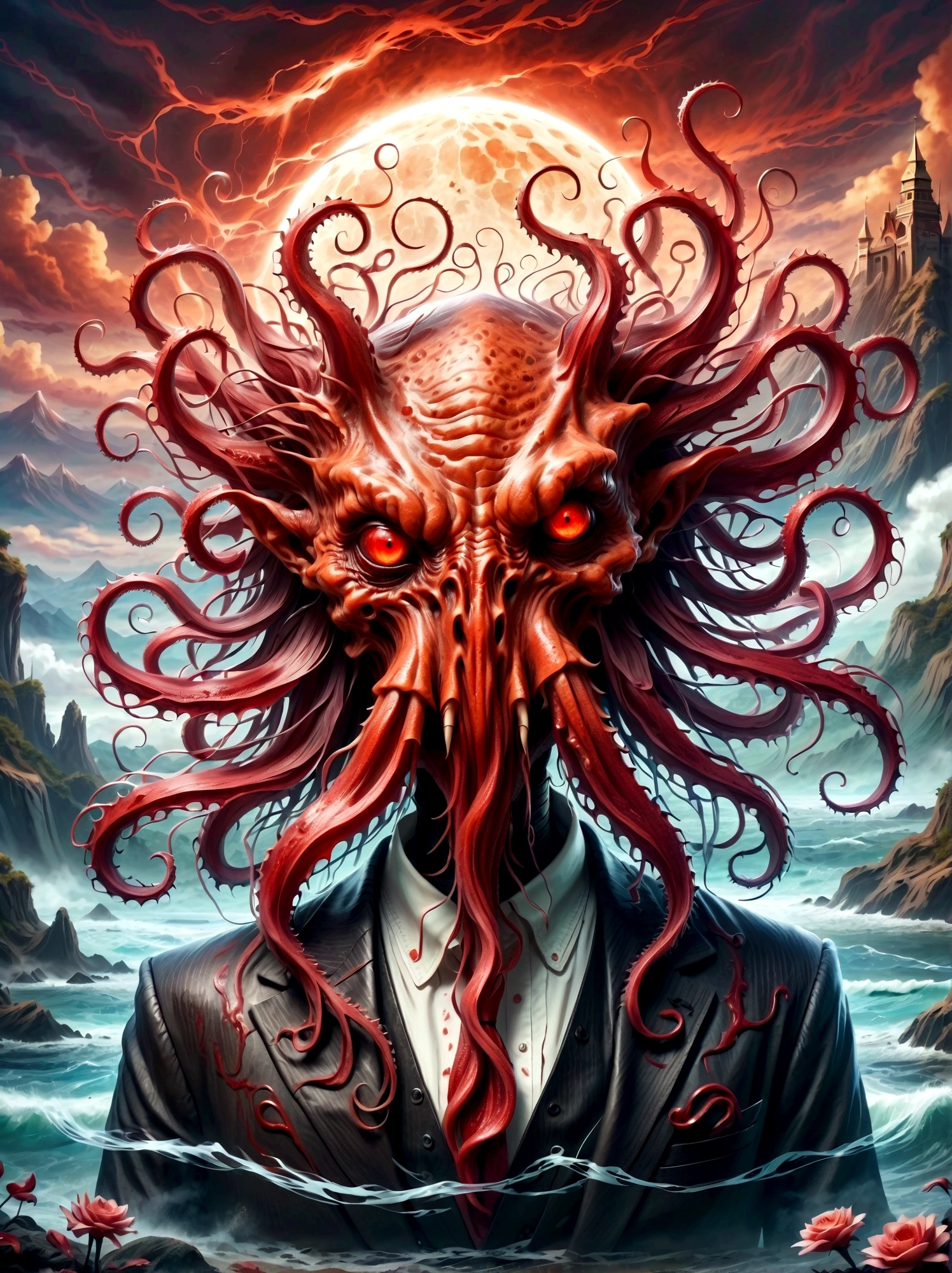 Bloody Cthulhu is extremely scary and weird,Flower of the other shore is charming,Mysterious Manzhu Shahua,hell门口盛开的血色鬼花,Blood-red tentacles guide the souls of the past,charm,Flirtatious,Strange,Gothic style,hell,Fantastic Creatures,Devilish scenery,Unforgettable environment,hell般的气氛,Wonderful lighting,Vibrant colors,Surrealism,Distorted anatomy,Nightmare Creatures,Glowing eyes,Strange形状