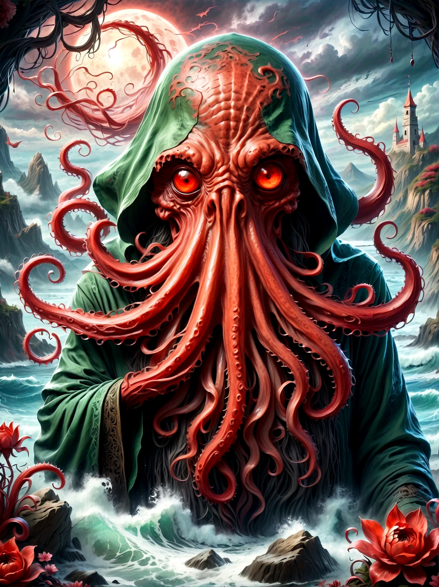 Bloody Cthulhu is extremely scary and weird，Flower of the other shore is charming，Mysterious Manzhu Shahua，hell门口盛开的血色鬼花，Blood-red tentacles guide the souls of the past，charm，Flirtatious，Strange，Gothic style，hell，Fantastic Creatures，Devilish scenery，Unforgettable environment，hell般的气氛，Wonderful lighting，Vibrant colors，Surrealism，Distorted anatomy，Nightmare Creatures，Glowing eyes，Strange形状