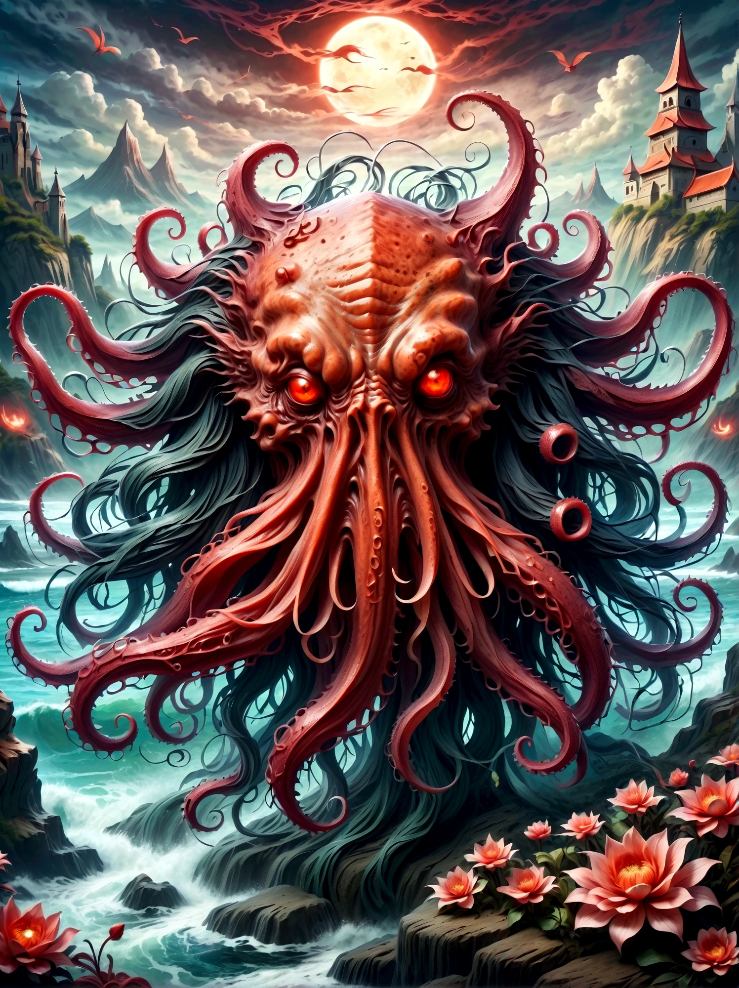Bloody Cthulhu is extremely scary and weird,Flower of the other shore is charming,Mysterious Manzhu Shahua,hell门口盛开的血色鬼花,Blood-red tentacles guide the souls of the past,charm,Flirtatious,Strange,Gothic style,hell,Fantastic Creatures,Devilish scenery,Unforgettable environment,hell般的气氛,Wonderful lighting,Vibrant colors,Surrealism,Distorted anatomy,Nightmare Creatures,Glowing eyes,Strange形状