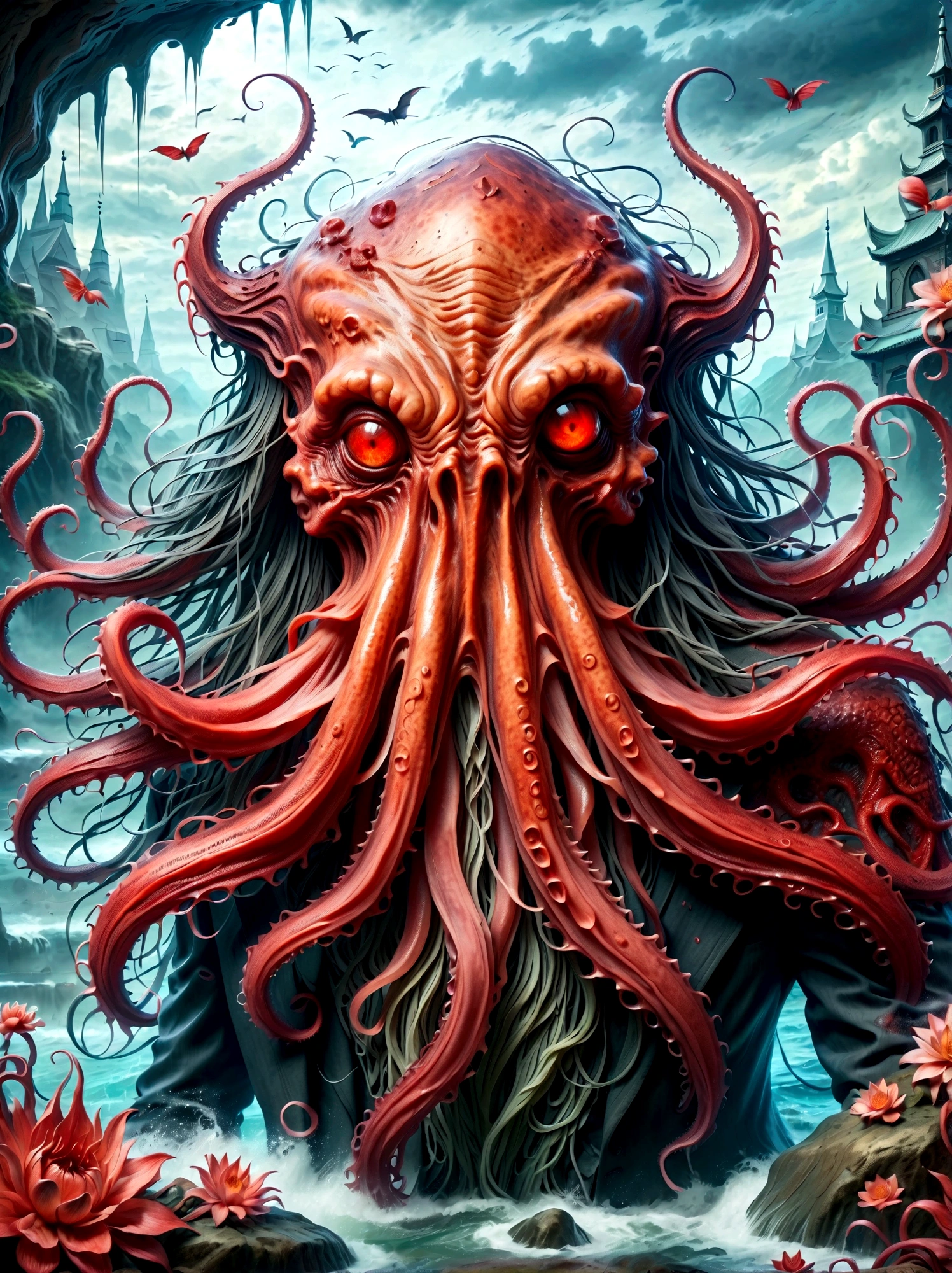 Bloody Cthulhu is extremely scary and weird,Flower of the other shore is charming,Mysterious Manzhu Shahua,hell门口盛开的血色鬼花,Blood-red tentacles guide the souls of the past,charm,Flirtatious,Strange,Gothic style,hell,Fantastic Creatures,Devilish scenery,Unforgettable environment,hell般的气氛,Wonderful lighting,Vibrant colors,Surrealism,Distorted anatomy,Nightmare Creatures,Glowing eyes,Strange形状