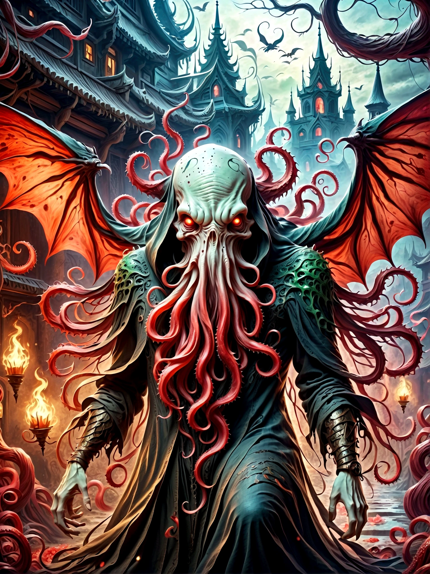 Bloody Cthulhu is extremely scary and weird,Flower of the other shore is charming,Mysterious Manzhu Shahua,hell门口盛开的血色鬼花,Blood-red tentacles guide the souls of the past,charm,Flirtatious,Strange,Gothic style,hell,Fantastic Creatures,Devilish scenery,Unforgettable environment,hell般的气氛,Wonderful lighting,Vibrant colors,Surrealism,Distorted anatomy,Nightmare Creatures,Glowing eyes,Strange形状