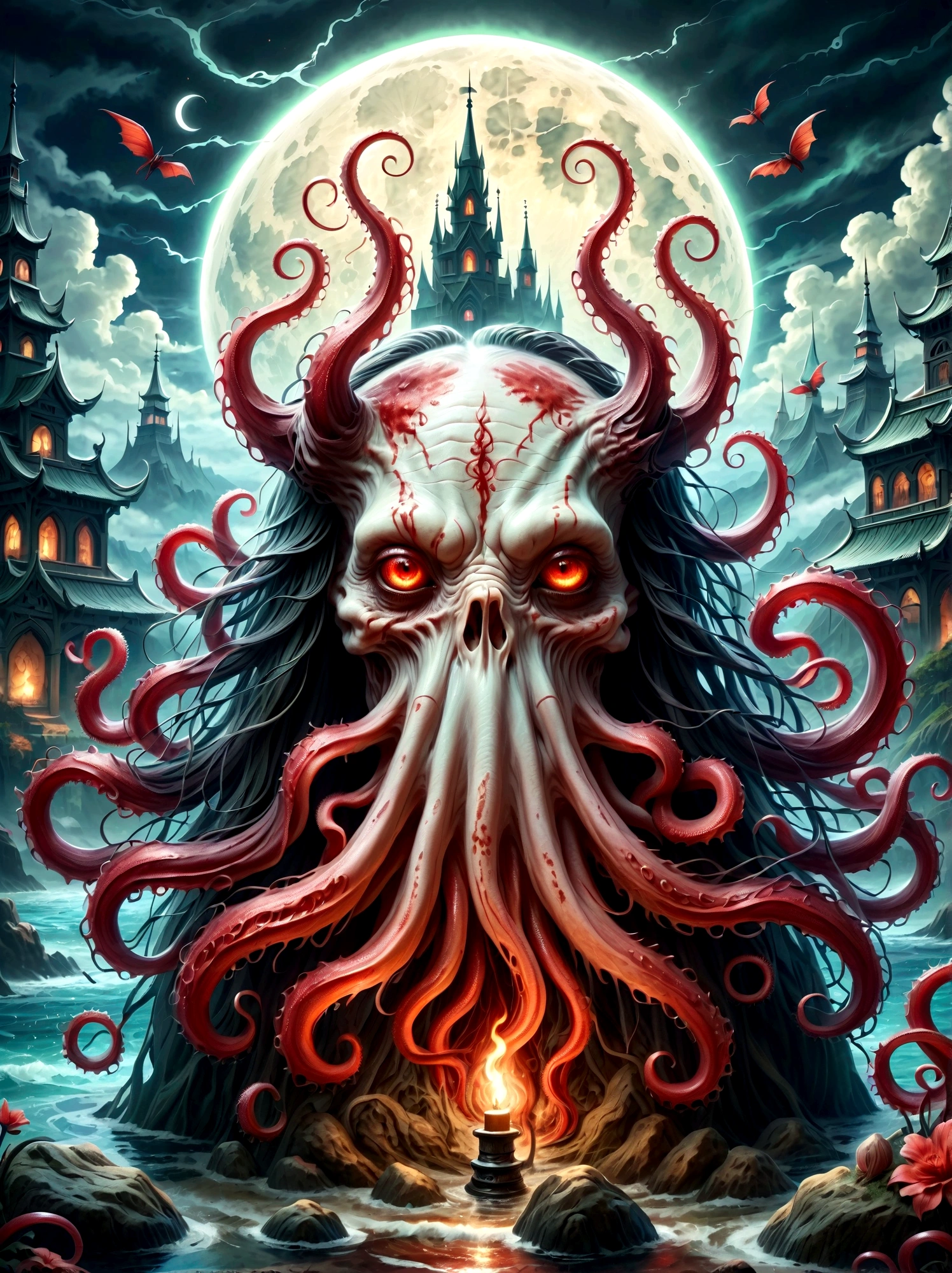 Bloody Cthulhu is extremely scary and weird,Flower of the other shore is charming,Mysterious Manzhu Shahua,hell门口盛开的血色鬼花,Blood-red tentacles guide the souls of the past,charm,Flirtatious,Strange,Gothic style,hell,Fantastic Creatures,Devilish scenery,Unforgettable environment,hell般的气氛,Wonderful lighting,Vibrant colors,Surrealism,Distorted anatomy,Nightmare Creatures,Glowing eyes,Strange形状