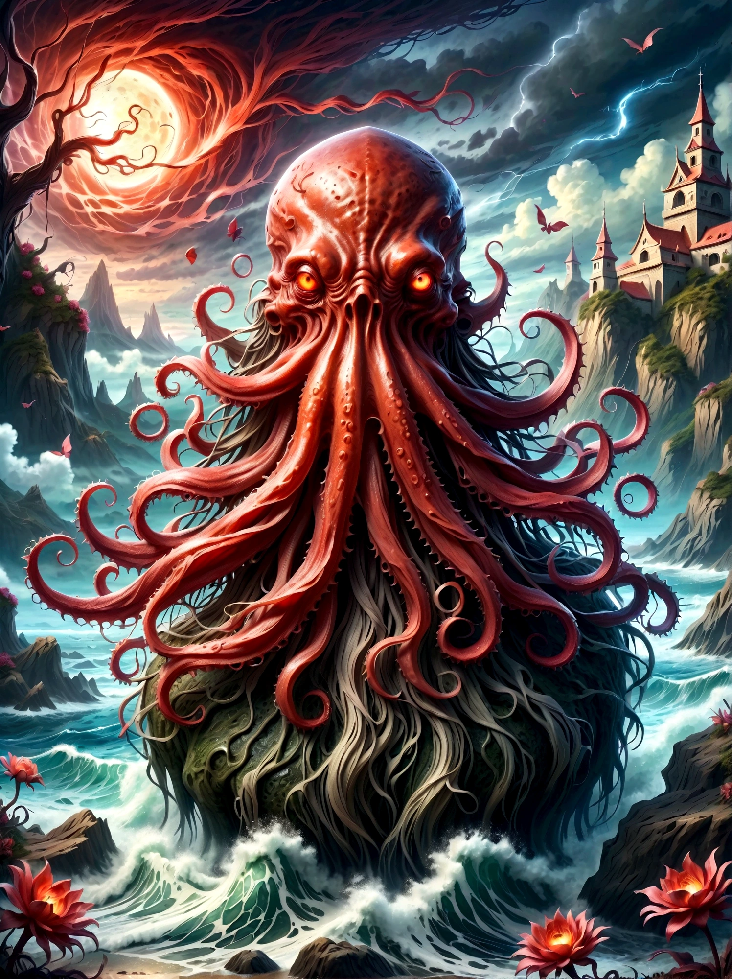 Bloody Cthulhu is extremely scary and weird,Flower of the other shore is charming,Mysterious Manzhu Shahua,hell门口盛开的血色鬼花,Blood-red tentacles guide the souls of the past,charm,Flirtatious,Strange,Gothic style,hell,Fantastic Creatures,Devilish scenery,Unforgettable environment,hell般的气氛,Wonderful lighting,Vibrant colors,Surrealism,Distorted anatomy,Nightmare Creatures,Glowing eyes,Strange形状