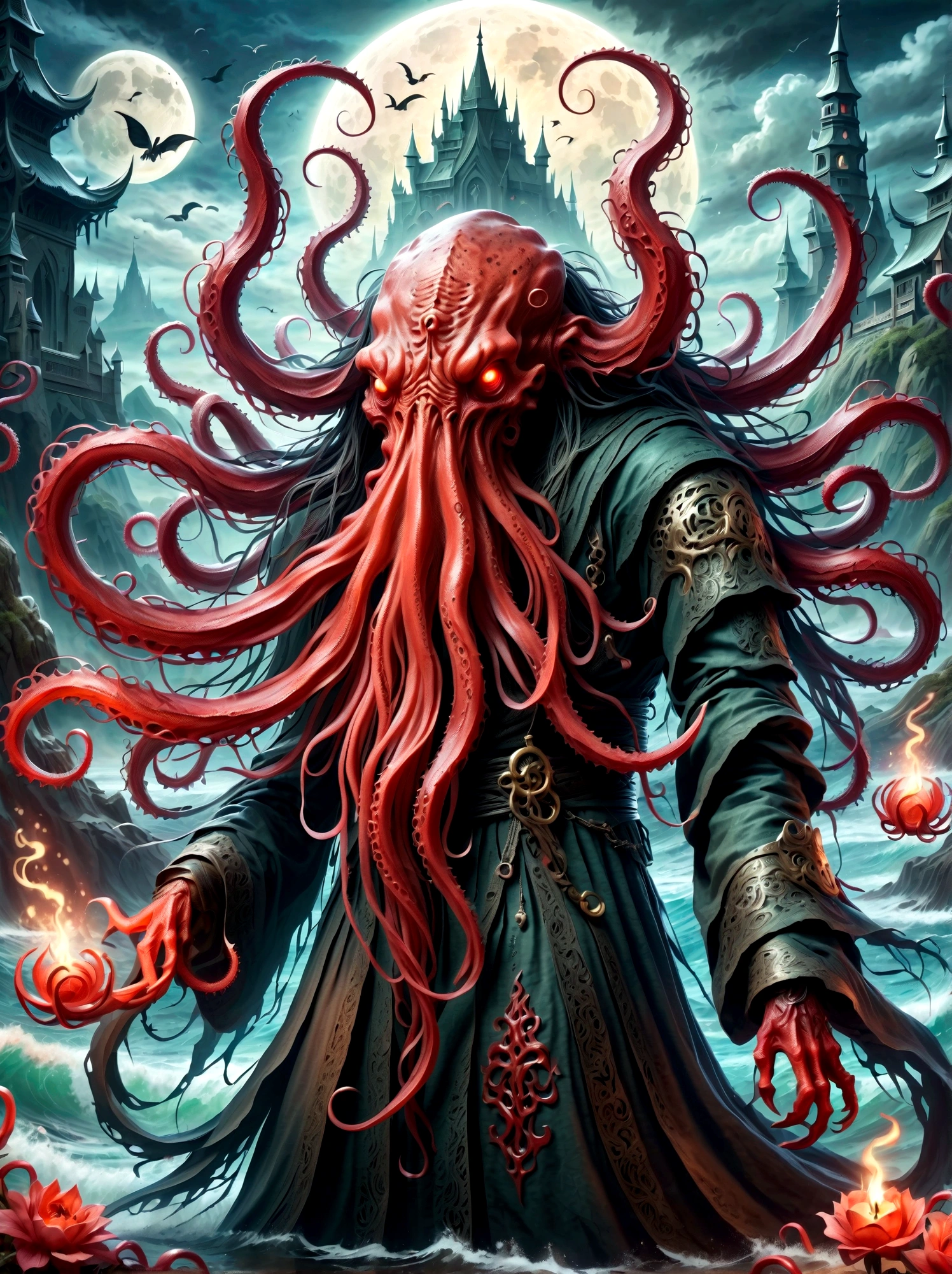 Bloody Cthulhu is extremely scary and weird,Flower of the other shore is charming,Mysterious Manzhu Shahua,hell门口盛开的血色鬼花,Blood-red tentacles guide the souls of the past,charm,Flirtatious,Strange,Gothic style,hell,Fantastic Creatures,Devilish scenery,Unforgettable environment,hell般的气氛,Wonderful lighting,Vibrant colors,Surrealism,Distorted anatomy,Nightmare Creatures,Glowing eyes,Strange形状