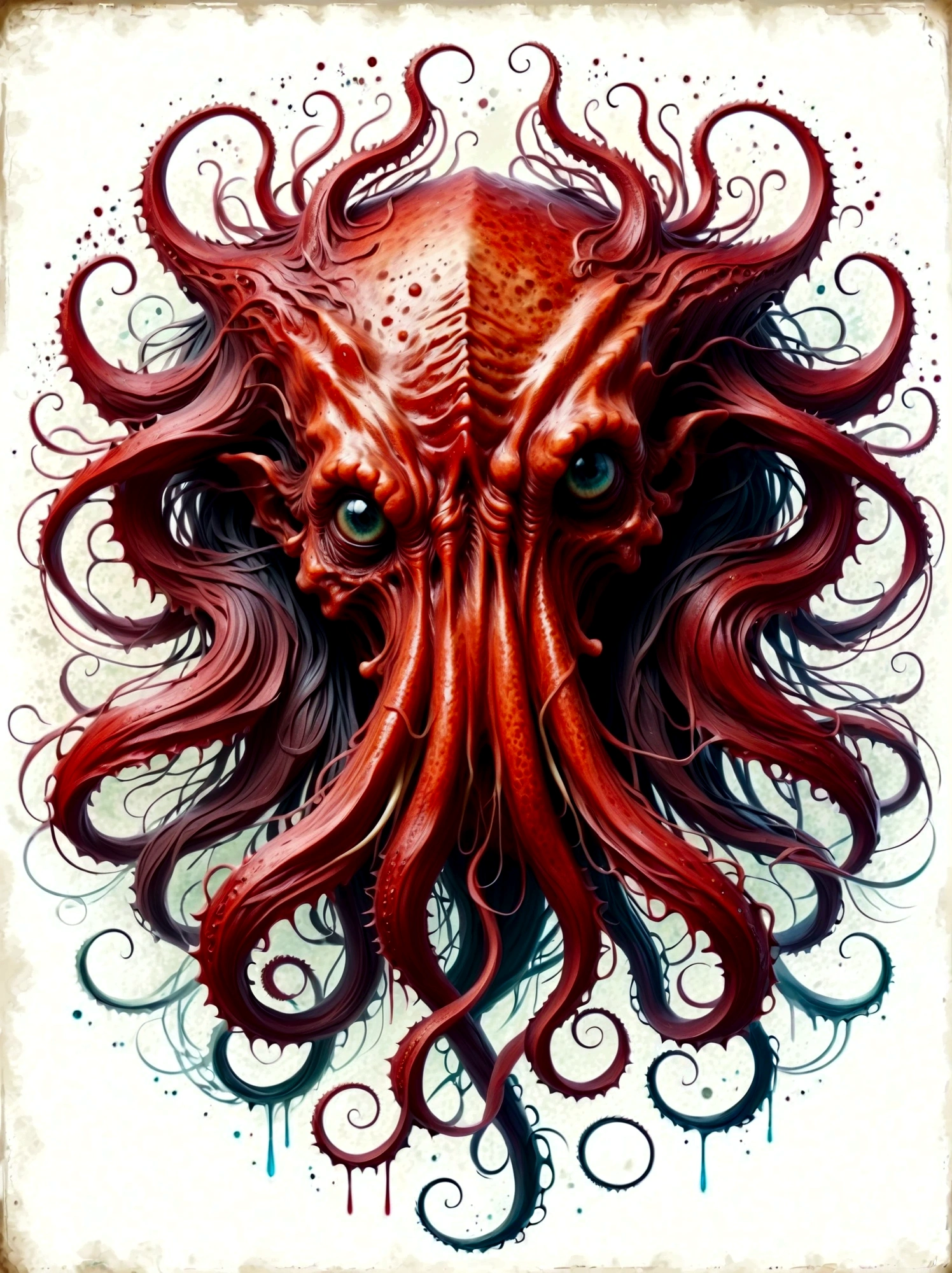Bloody Cthulhu is extremely scary and weird,Flower of the other shore is charming,Mysterious Manzhu Shahua,hell门口盛开的血色鬼花,Blood-red tentacles guide the souls of the past,charm,Flirtatious,Strange,Gothic style,hell,Fantastic Creatures,Devilish scenery,Unforgettable environment,hell般的气氛,Wonderful lighting,Vibrant colors,Surrealism,Distorted anatomy,Nightmare Creatures,Glowing eyes,Strange形状