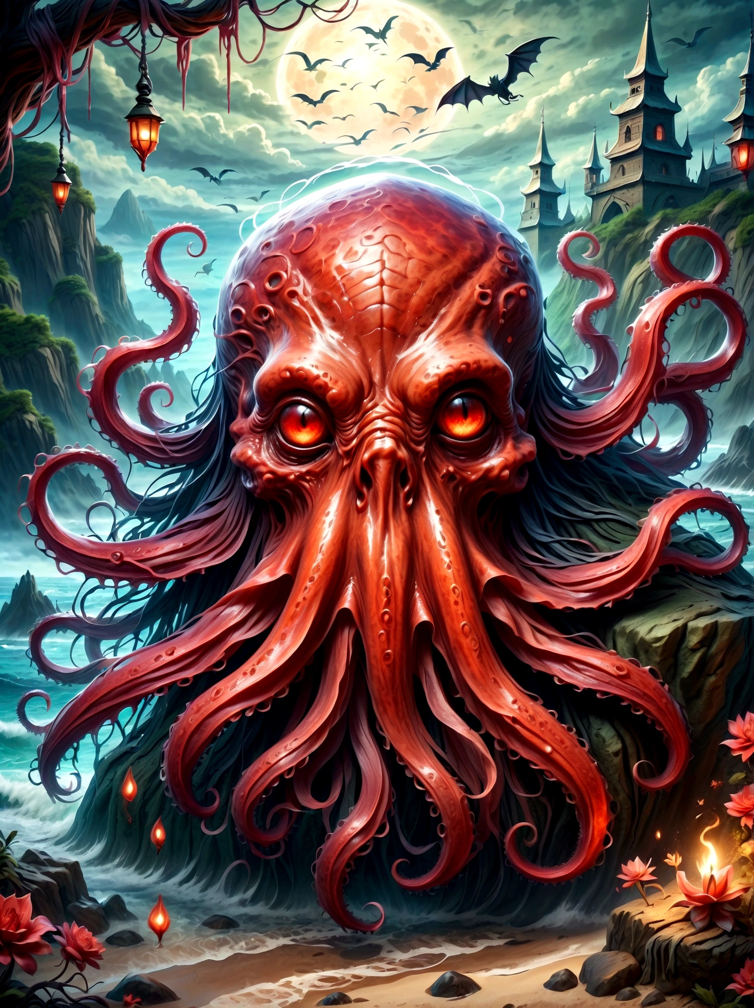 Bloody Cthulhu is extremely scary and weird，Flower of the other shore is charming，Mysterious Manzhu Shahua，hell门口盛开的血色鬼花，Blood-red tentacles guide the souls of the past，charm，Flirtatious，Strange，Gothic style，hell，Fantastic Creatures，Devilish scenery，Unforgettable environment，hell般的气氛，Wonderful lighting，Vibrant colors，Surrealism，Distorted anatomy，Nightmare Creatures，Glowing eyes，Strange形状