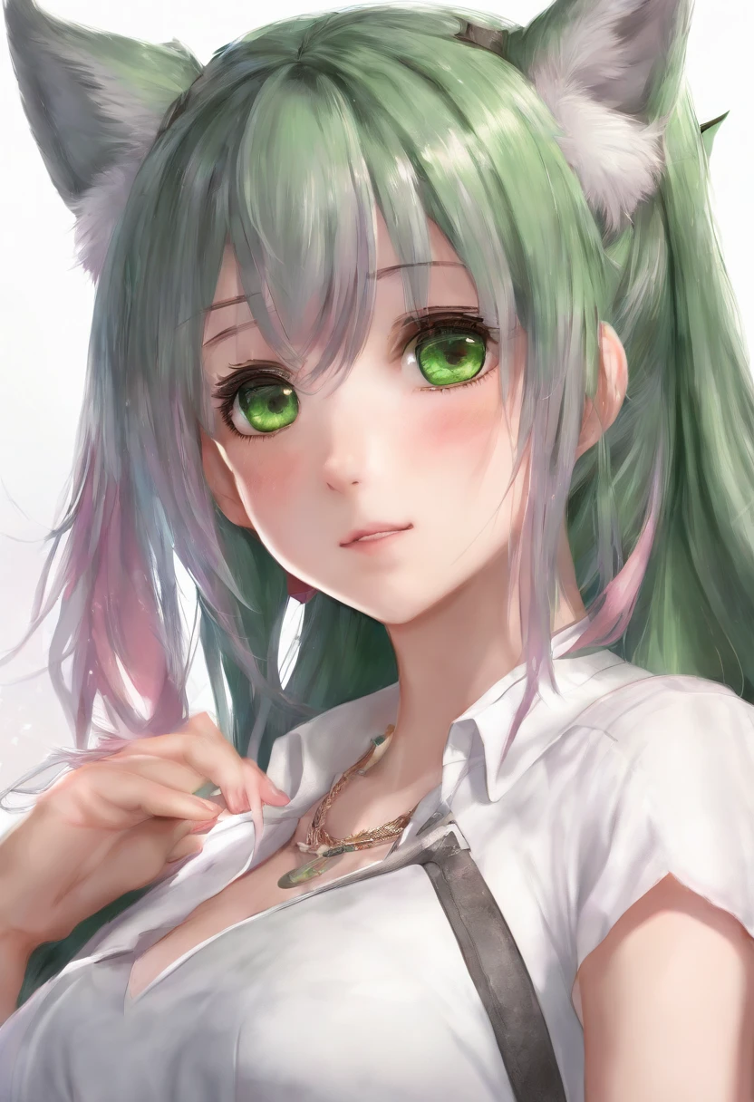 1 Girl, animal_ear_Brushed, animal_ears, Bangs, only_Shoulder, Black_hair, blush, breast, cexist_ears, close_Mouth, Eyebrow_visible_pass_hair, green_Eye, grey_background, hair_between_Eye, Caril_(Princess_connect!), long_hair, Watching_exist_Viewer, Moderate_breast, colourful_hair, shirt, simple_background, Sleeveless, Sleeveless_shirt, Solitary, superior_Body, White_background, White_shirt,