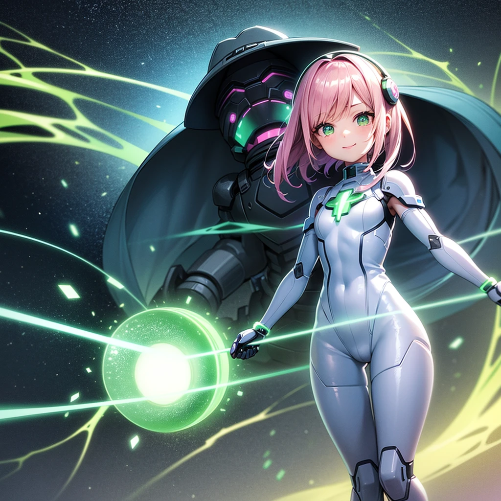 1boy1girl, short, young girl (10 years old), smiling and brushing, flat chest, glowing green eyes, pink hair, fully enclosed quantum cyber helmet that covers her head, glass visor, fair skin, wearing a super tight white full body latex quantum space armor with several blue accents and green lights that emits little glowing green particles, outside the ship, ((cinematic lightning)), perfect face, perfect anatomy