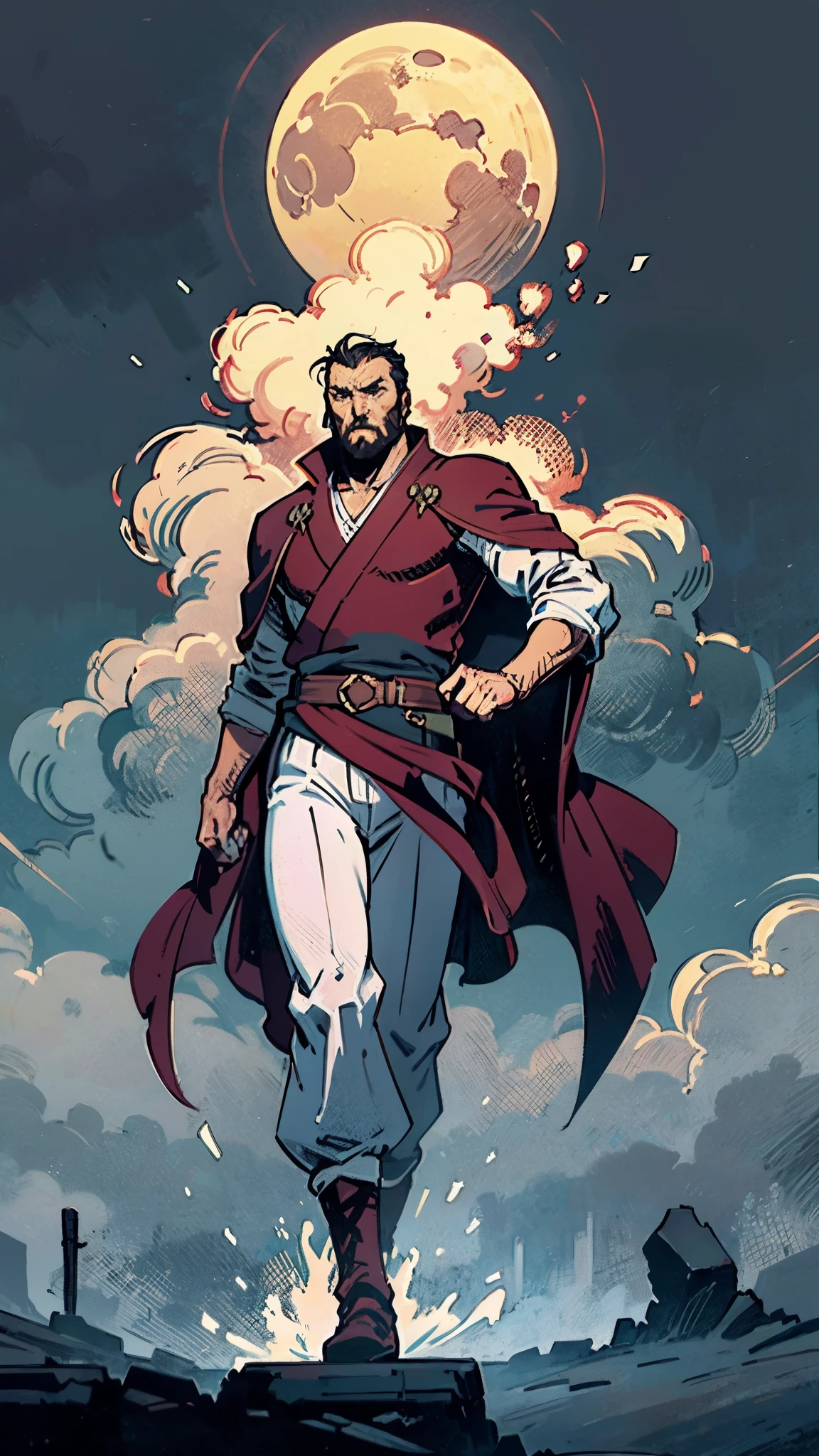 A 50-year-old man with slicked-back reddish-brown short hair, a large beard covering the lower half of his face, piercing eyes, handsome features, an open dark red fantasy martial arts-style robe coat, flowing short sleeves, a black and white undershirt, matching cloth trousers, a metal belt buckle, he exudes a dark red aura of death, strides down a desolate and silent moonlit street, this character embodies a finely crafted fantasy martial arts-style overlord in anime style, exquisite and mature manga art style, dramatic, high definition, best quality, highres, ultra-detailed, ultra-fine painting, extremely delicate, professional, perfect body proportions, golden ratio, anatomically correct, symmetrical face, extremely detailed eyes and face, high quality eyes, creativity, RAW photo, UHD, 32k, Natural light, cinematic lighting, masterpiece-anatomy-perfect, masterpiece:1.5