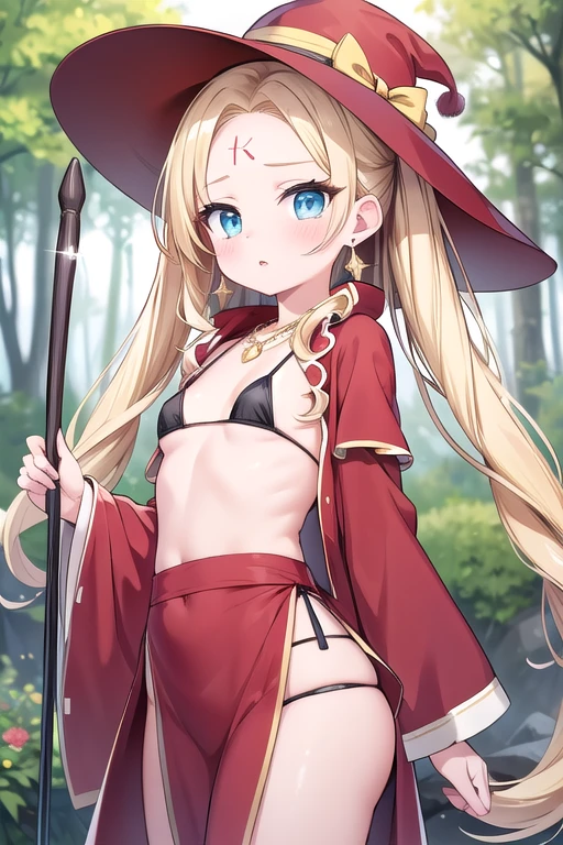 One Girl, A girl is posing for a photo, pretty girl, Enchanting girl, Beautiful Anime Girls, (((A young, short )))
((Blonde, Bangs that expose the forehead, Very long, curly twin-tail hair:1.4), (blue eyes)),
((black micro bikini + Black elbow gloves + Black knee-high boots with gold trim and edging), (He is wearing a layered red robe.:1.4, A red, wide-brimmed, pointed hat:1.4, Old cane bigger than a girl:1.4)),
((Gold Bracelet, Gold Earrings, fancy gold necklace)),
BREAK Sensual,((Small breasts)),
BREAK
(Beautiful Hair, Shiny Hair, Shiny Hair)),
(Double eyelids, Long eyelashes),
(Expression of fine eyes, Beautiful and delicate eyes, Sparkling eyes, Eye Reflexes),
(Beautiful Nose,Thin Nose), (Human Ear),
(Glossy Lips, Beautiful Lips, thick lips),
(Symmetrical facial features, Perfect Face), (Beautiful breasts), (Detailed skin, Oily skin, Textured skin, Glowing Beautiful Skin),
BREAK
(((Embarrassed)),
BREAK
((Fantasy World:1.4, forest:1.4 + On the Cliff, Standing facing the viewer:1.4)), ((Angle from the front, Cowboy Shot:1.4)),
BREAK
((Ultra-high resolution)), (((masterpiece))), (((highest quality))), ((8k)), (Attention to detail), (Beautiful sparkle), (High detail), (Anatomically correct)),
((Realistic)), ((The best CG)), Highly detailed art, CG illustration, ((Line art)),