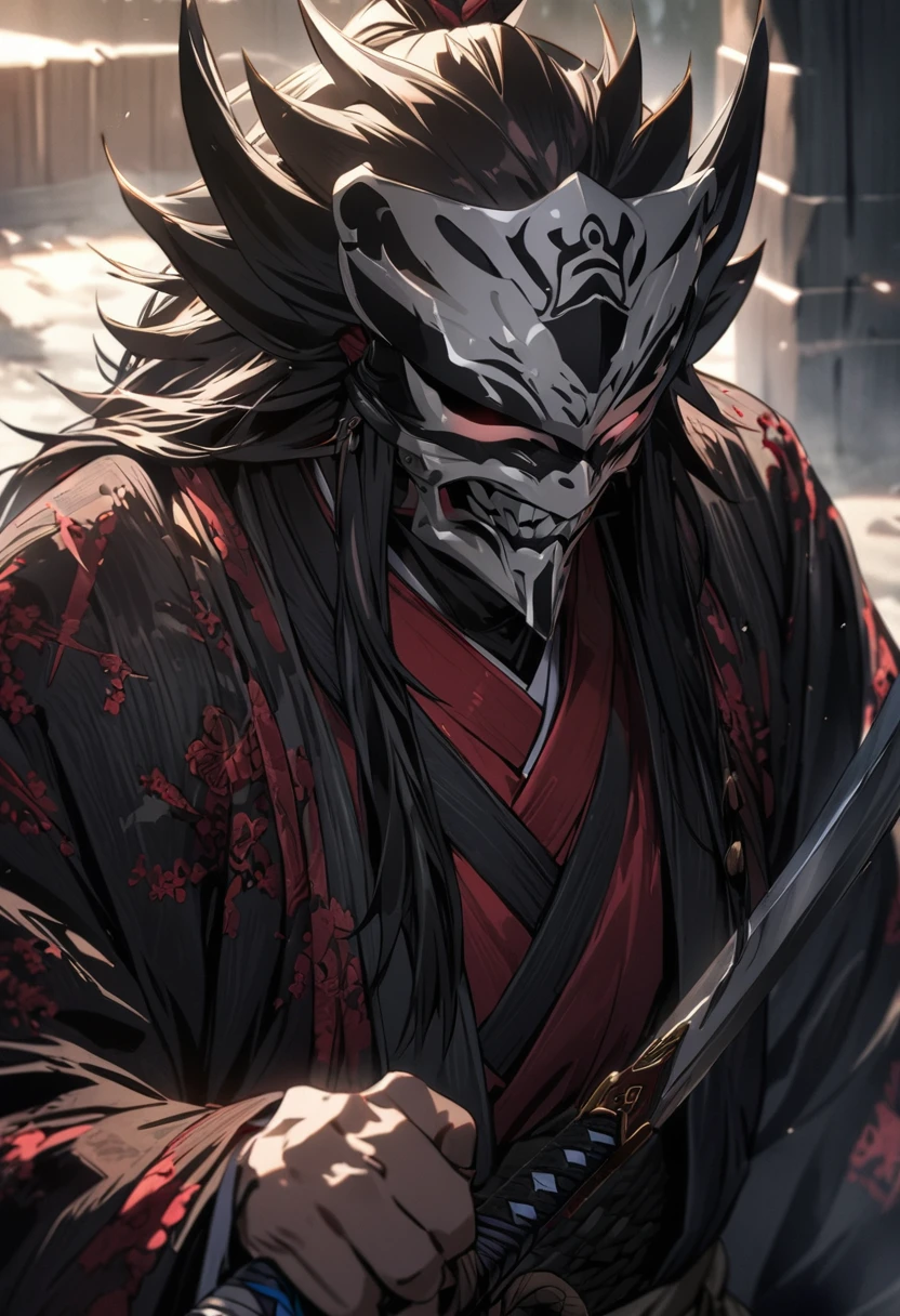 masterpiece, highest quality, Very detailed, anime, A samurai, sword, holding 邪evilなオーラ, elder, evil, strong feeling, mask