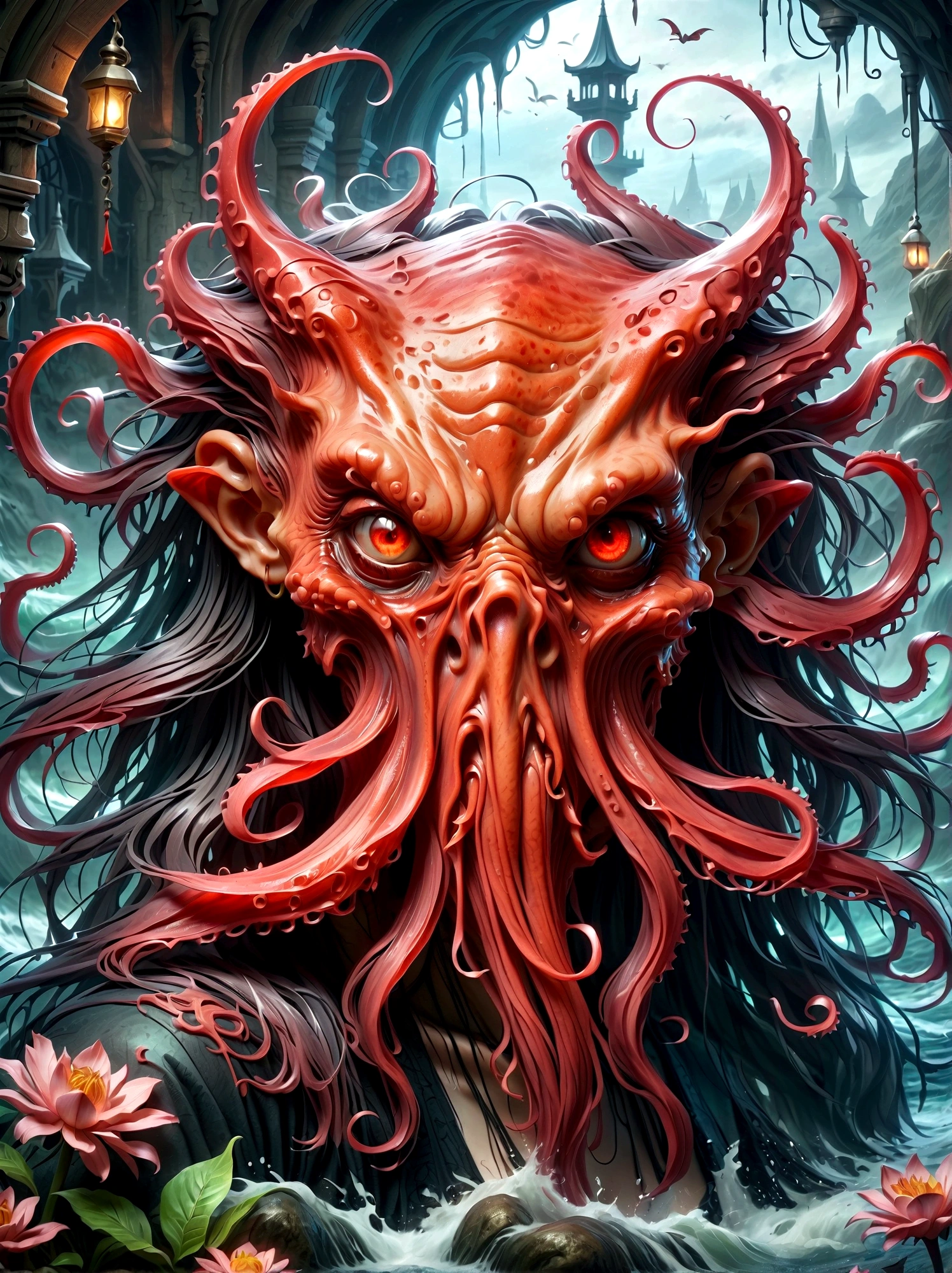 Bloody Cthulhu is extremely scary and weird，Flower of the other shore is charming，Mysterious Manzhu Shahua，hell门口盛开的血色鬼花，Blood-red tentacles guide the souls of the past，charm，Flirtatious，Strange，Gothic style，hell，Fantastic Creatures，Devilish scenery，Unforgettable environment，hell般的气氛，Wonderful lighting，Vibrant colors，Surrealism，Distorted ???????，Nightmare Creatures，Glowing eyes，Strange形状