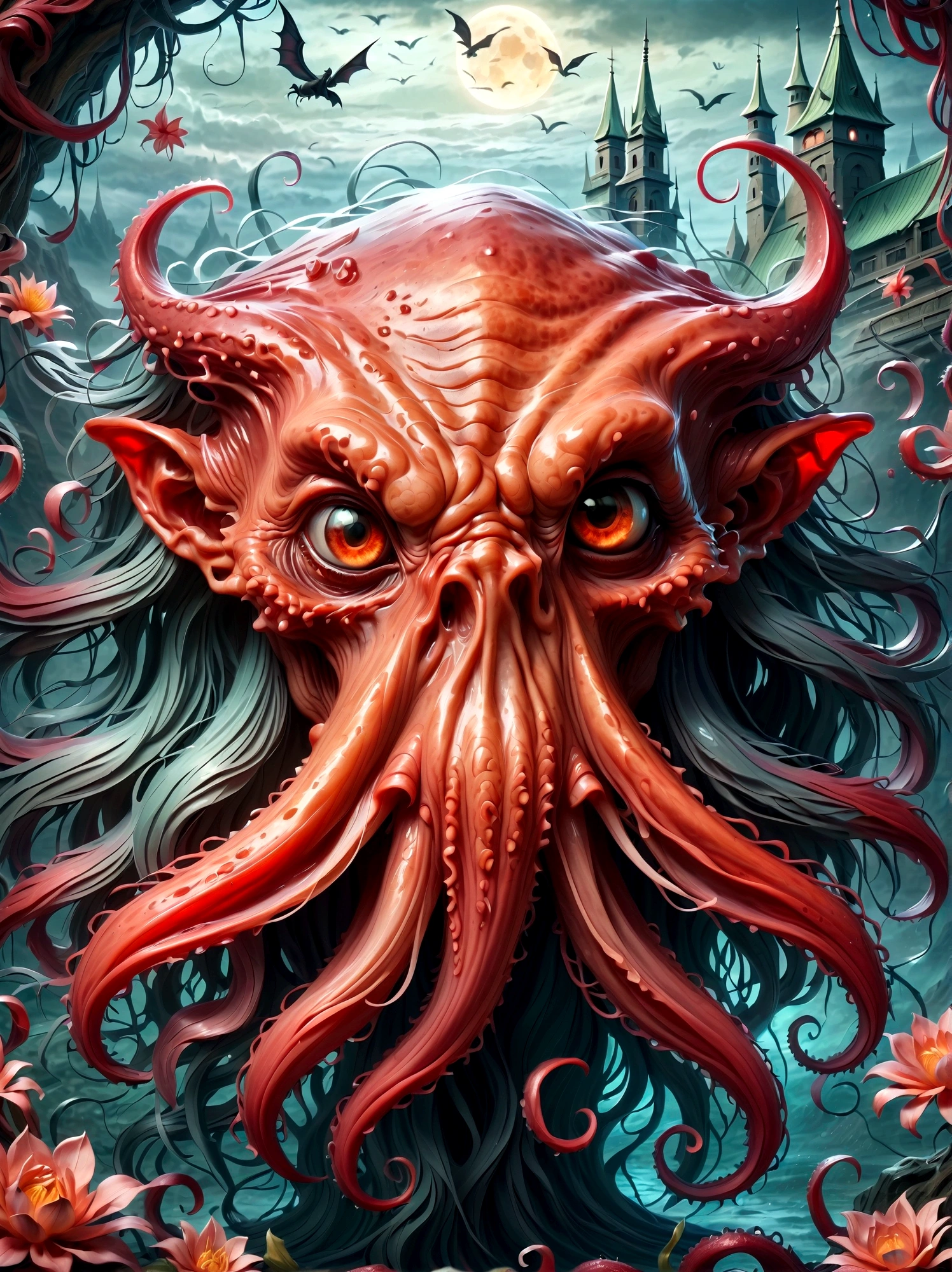 Bloody Cthulhu is extremely scary and weird,Flower of the other shore is charming,Mysterious Manzhu Shahua,hell门口盛开的血色鬼花,Blood-red tentacles guide the souls of the past,charm,Flirtatious,Strange,Gothic style,hell,Fantastic Creatures,Devilish scenery,Unforgettable environment,hell般的气氛,Wonderful lighting,Vibrant colors,Surrealism,Distorted anatomy,Nightmare Creatures,Glowing eyes,Strange形状