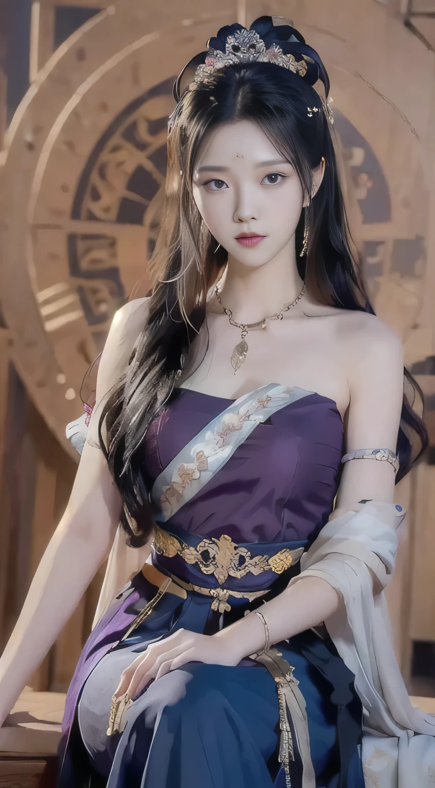 night, Deep blue sky, Purple, Light Purple Dress, Long skirt at chest, long black hair, long hair and waist, Beautiful girl, God, god, White headdress, Sitting on the railing, hair, side fringe, scarf, hair ornament, Forehead Gem, Baolai Jewelry Branch, crescent hair ornament, fish hair ornament, God ray, flash, movie lighting, Lens flare, Ultra HD, High Detail, high quality, high resolution, best quality, 8K, 16K, High Detail, high quality, high quality, Super Detail, Anatomically correct, masterpiece, precise