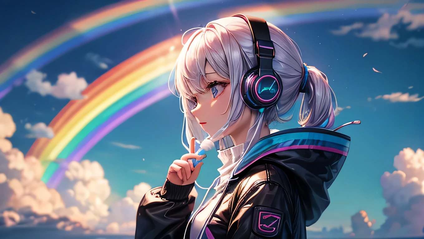 A futuristic girl using headphone bring a cotton candy while watching rainbow on the cloudy skies
