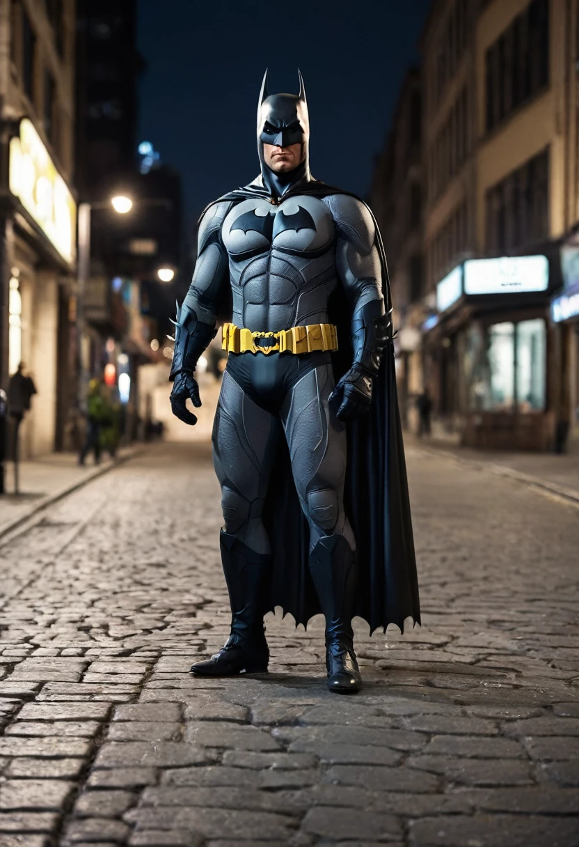 best quality, 8k, very delicate and beautiful, highly detailed face and skin texture, high resolution, batman stand on street in city at night, full body, sharp focus